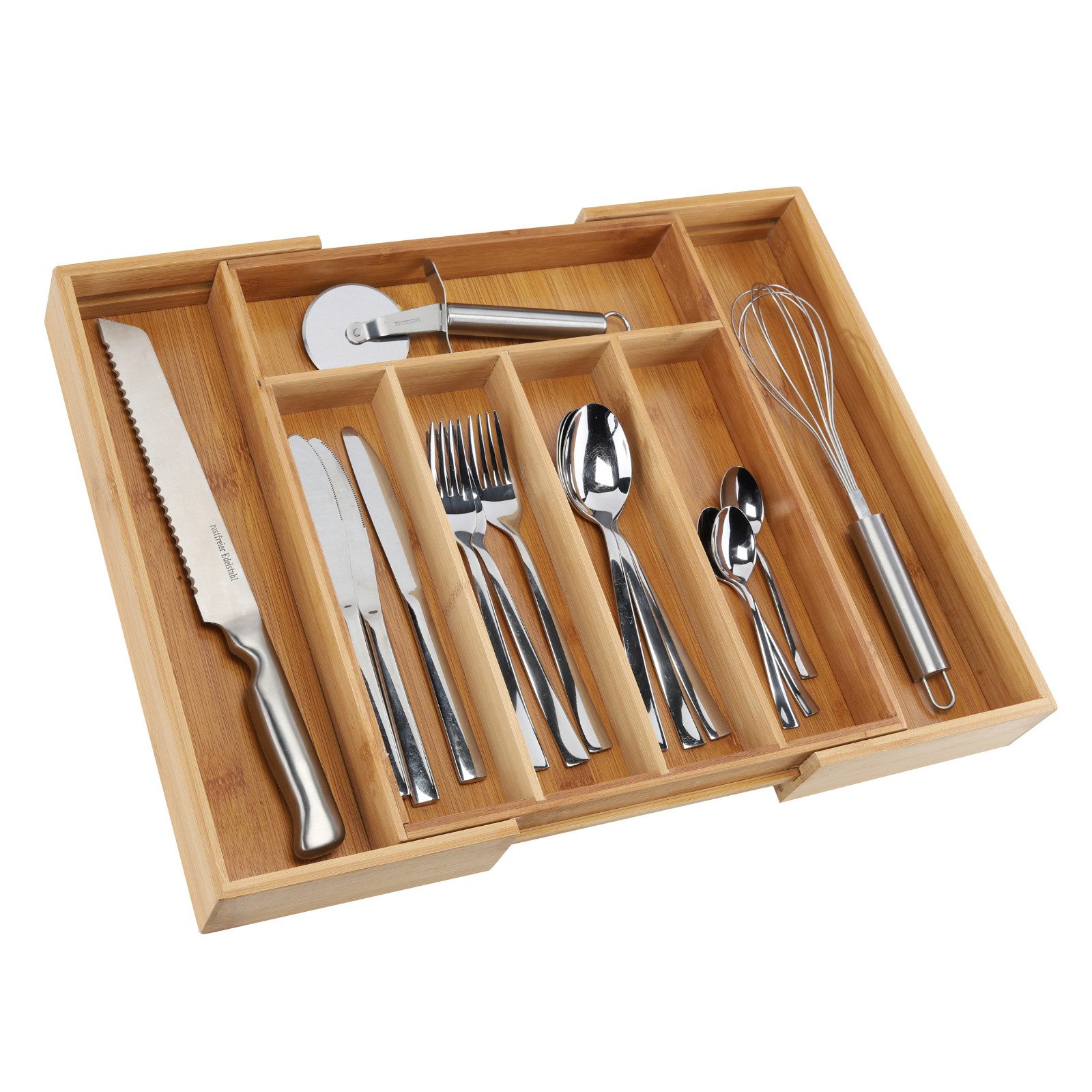 Haushalt International Besteckkasten Schubladeneinsatz Ordnungssystem ausziehbar 31-48x37x5cm (Stück, 1 St., Packung), 5-7 Fächer, Bambus / Holz, Universell, Naturmaterial
