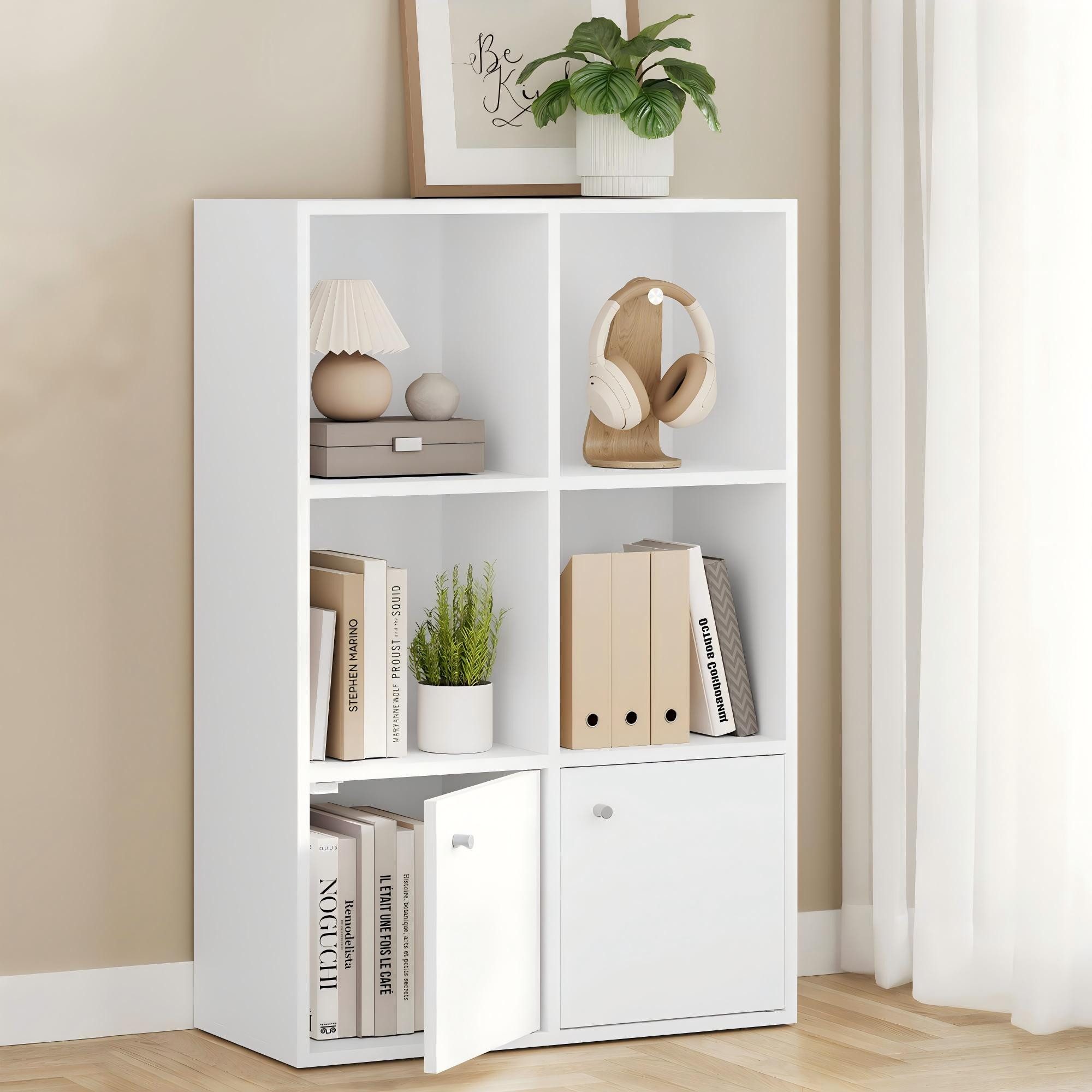 VASAGLE Bücherregal, Bücherschrank, Büro, mit 2 Türen, weiß