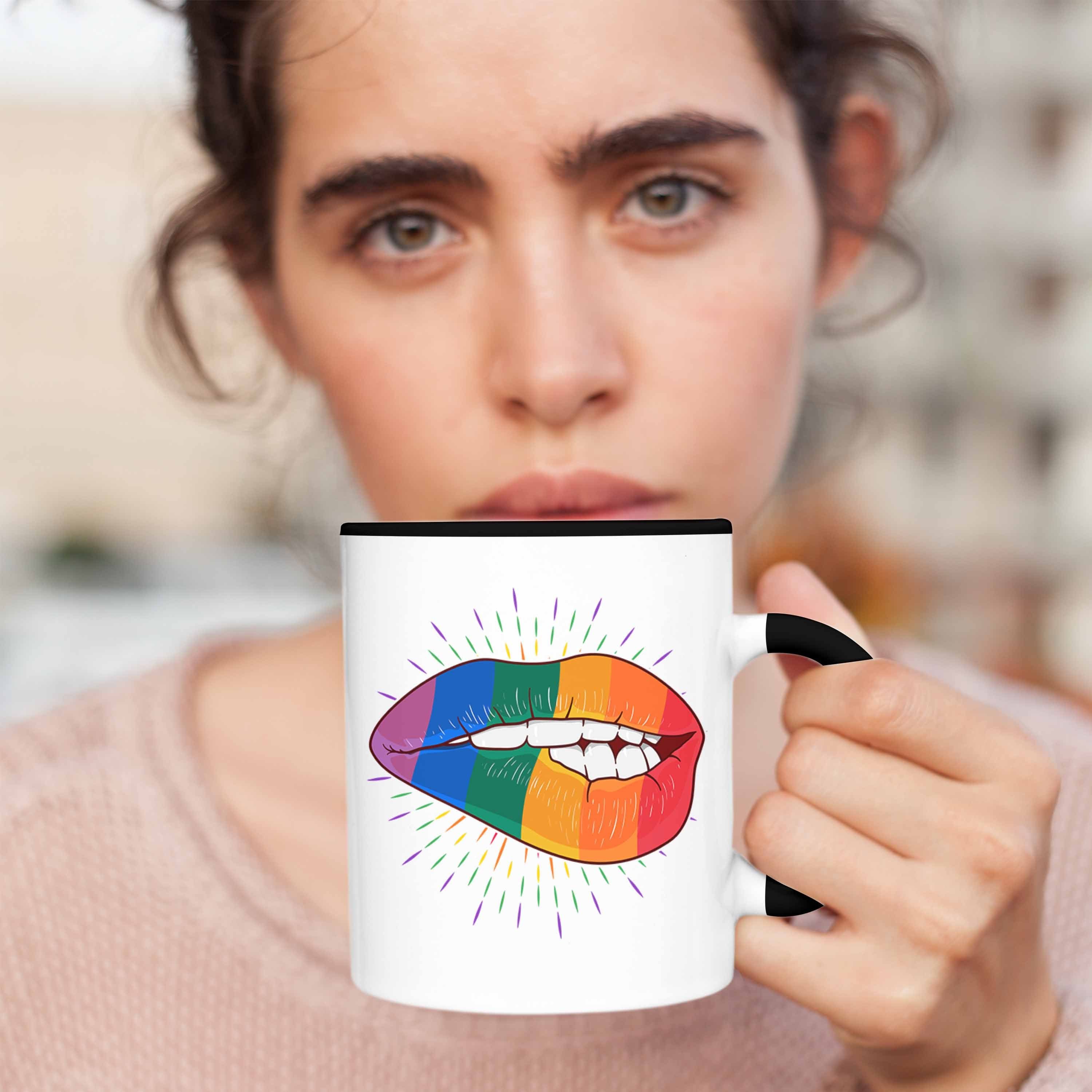 Tasse für Geschenk Lesben Bunte Trendation Lippe Regenbogen - Grafik Tasse Lustige Trendation Transgender Schwule Schwarz LGBT Regenbogen