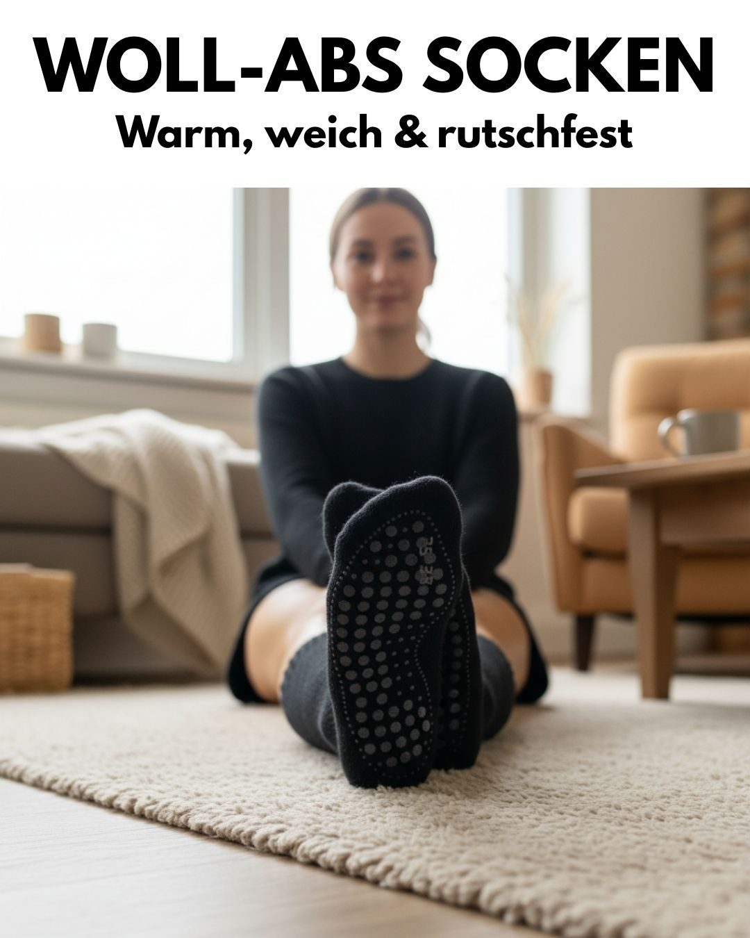 sockenkauf24 ABS-Socken Antirutschsocken warme Stoppersocken mit Wolle Vollfrottee (Schwarz, 2-Paar, 43-46) mit Komfortbund für Damen & Herren - 21463