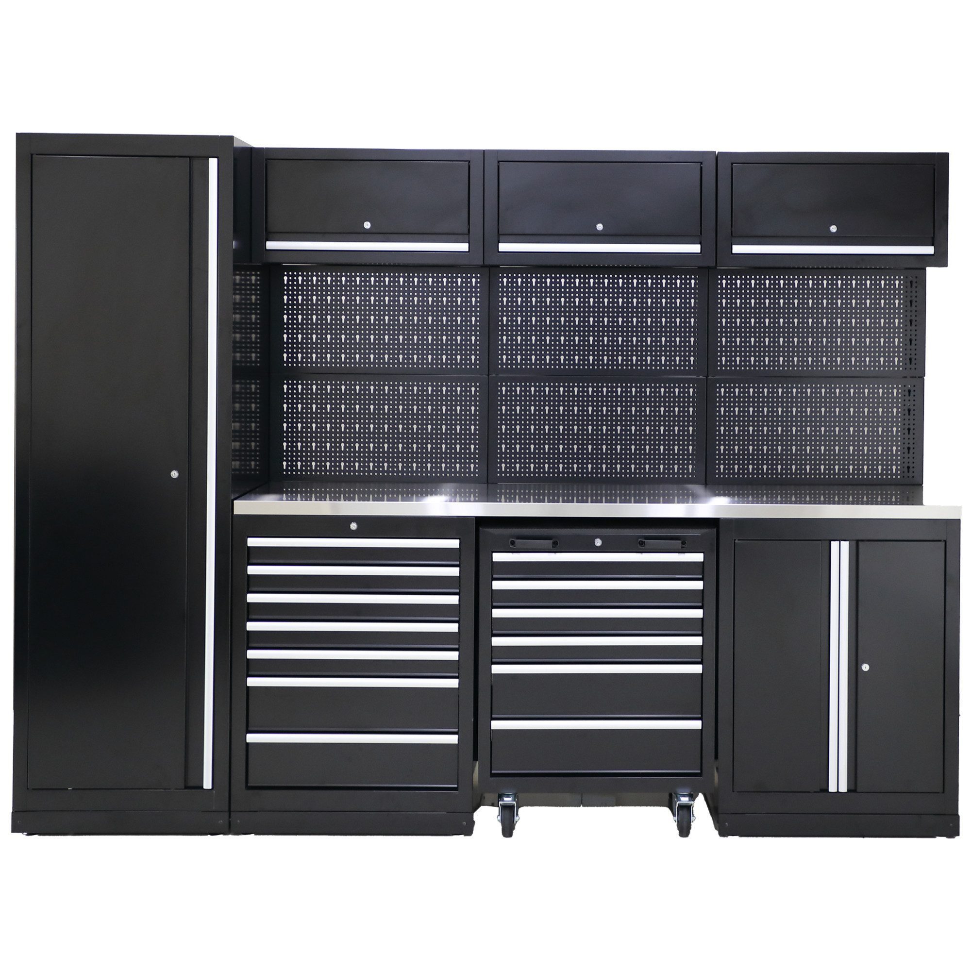 ONDIS24 Werkstatt-Set XL Komplett Set 260 / 264 cm Männerküche Werkstattrichtung modular, (10-tlg), mit Edelstahlarbeitsplatte, Werkzeugschränke, Werkbank mit Schubladen