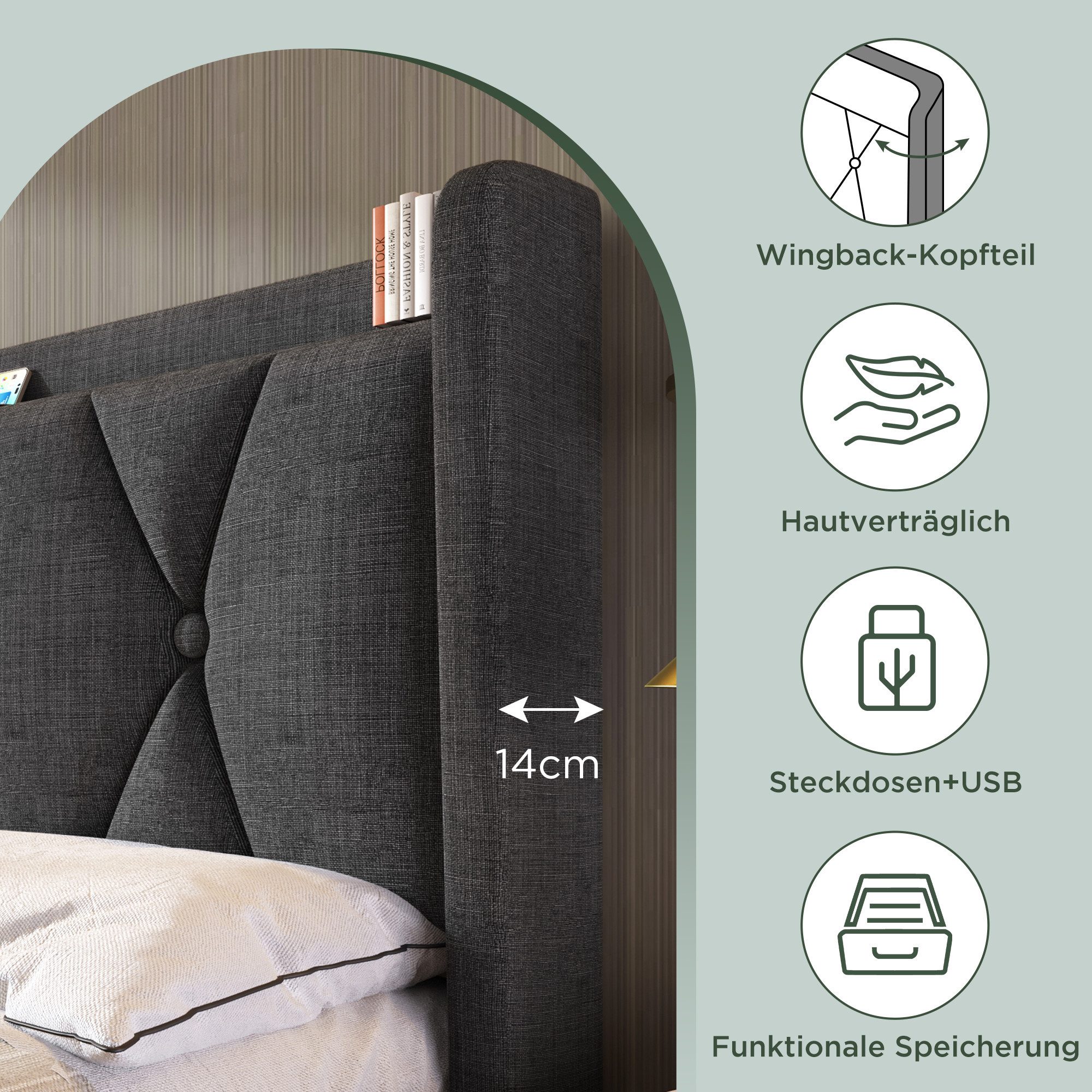 Luckice upholstered bed with USB charging function, headboard and 4 drawers (double bed 140x200cm storage bed frame), wooden slatted base