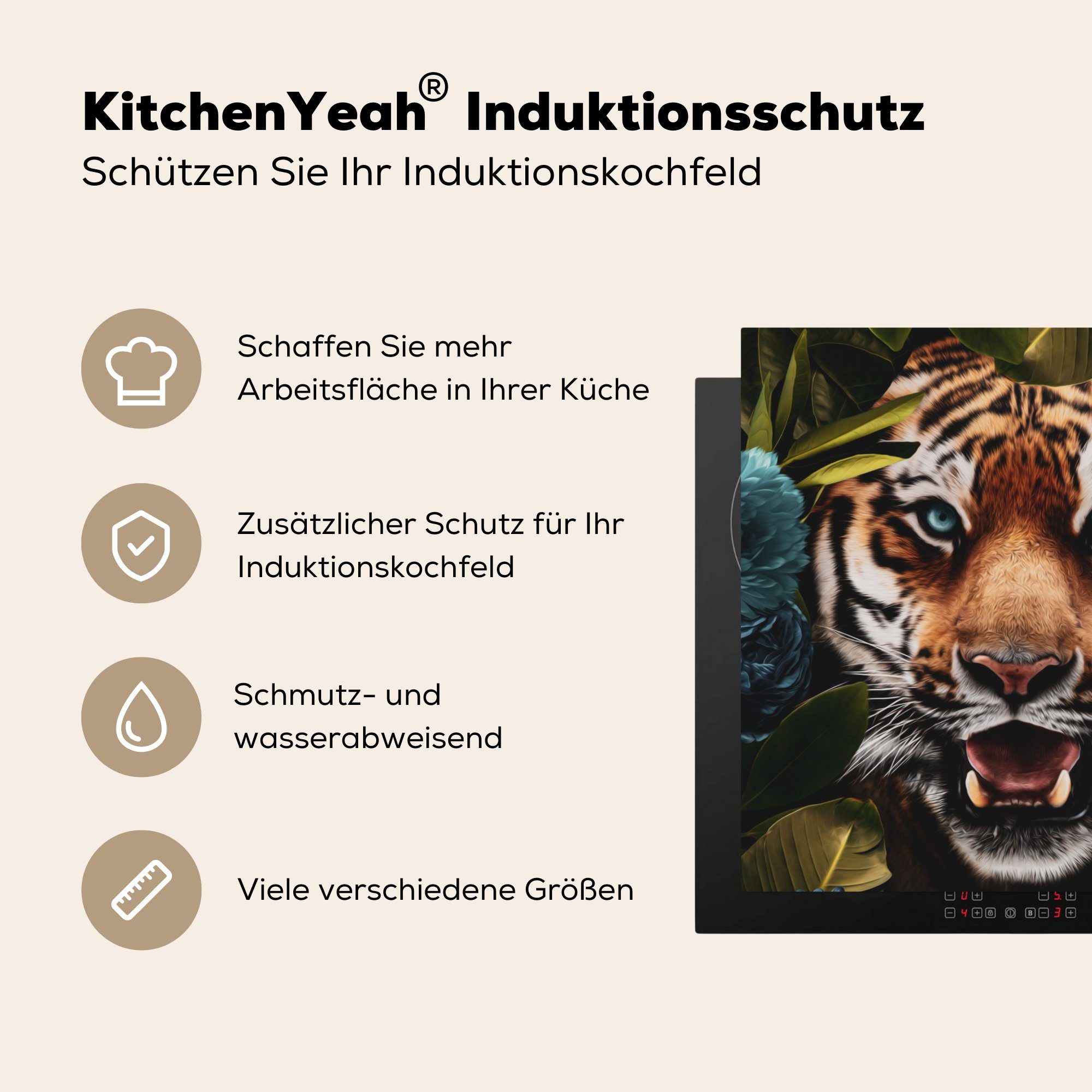 MuchoWow Herdblende-/Abdeckplatte Tiger für - Dschungel 78x78 (1 Blumen, Ceranfeldabdeckung, tlg), - Vinyl, küche cm, Arbeitsplatte
