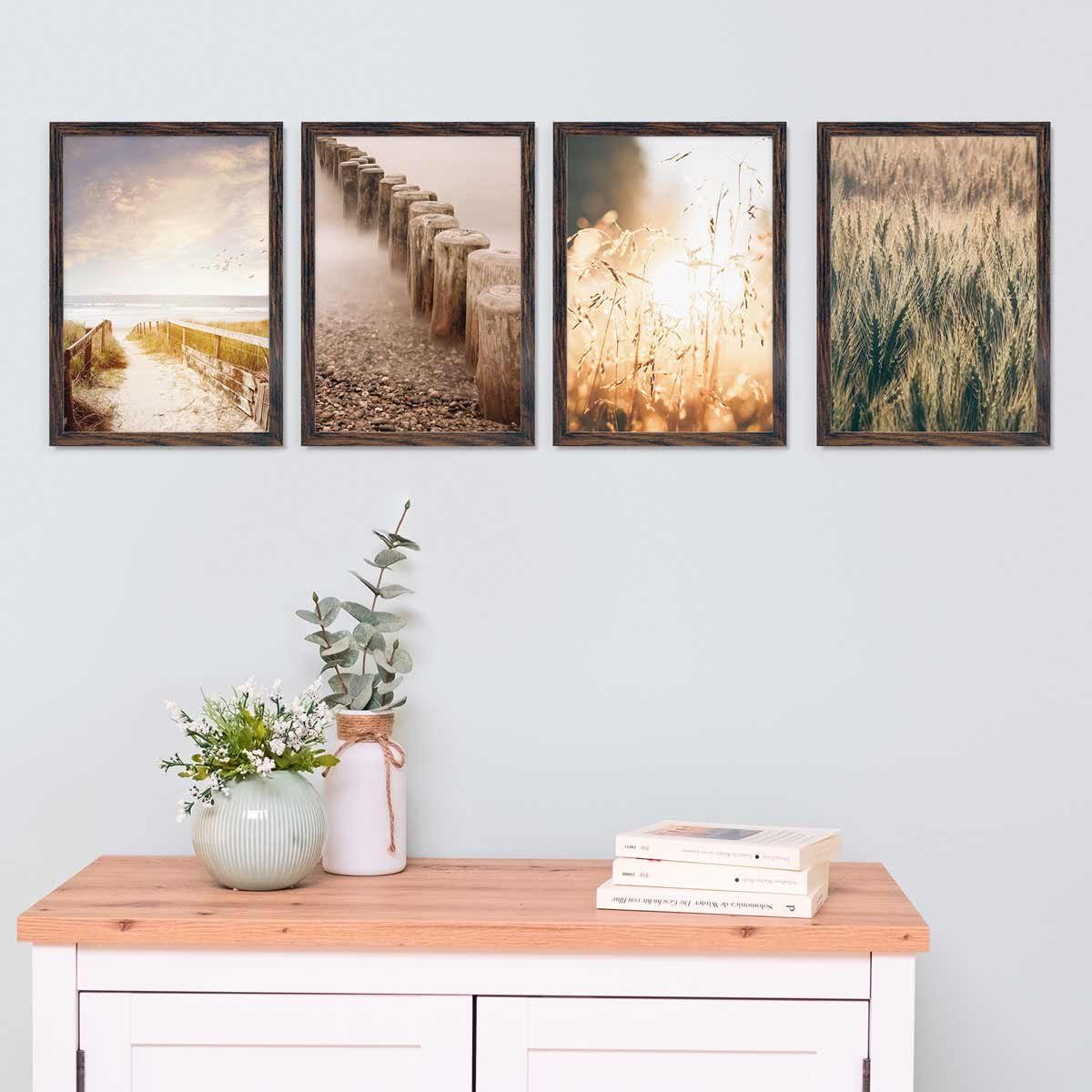 PHOTOLINI Bilderrahmen 4er Set 21x30 cm / DIN A4 Modern Schmal mit Acrylglas Eiche dunkel