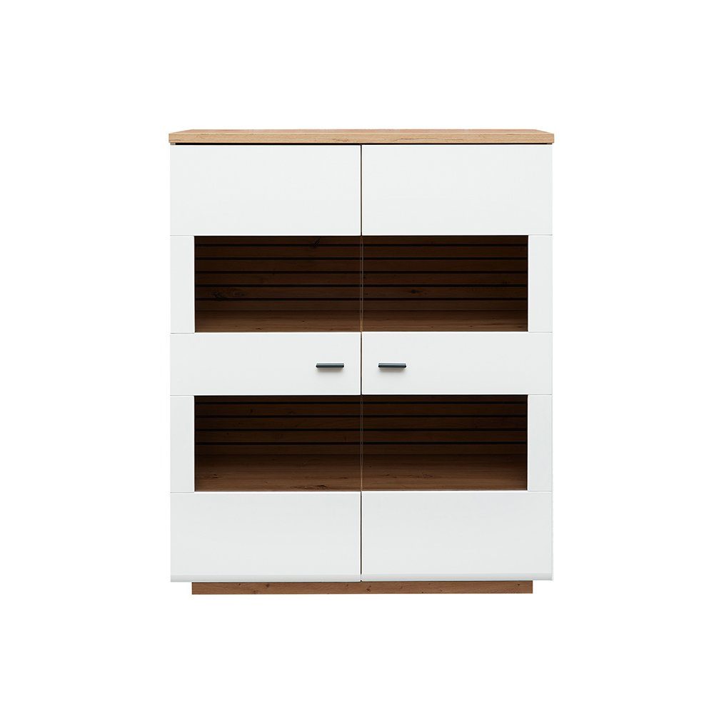 Lomadox Highboard FALLON-55, Vitrinenschrank, weiß mit Eiche, 110cm breit, inkl. Beleuchtung