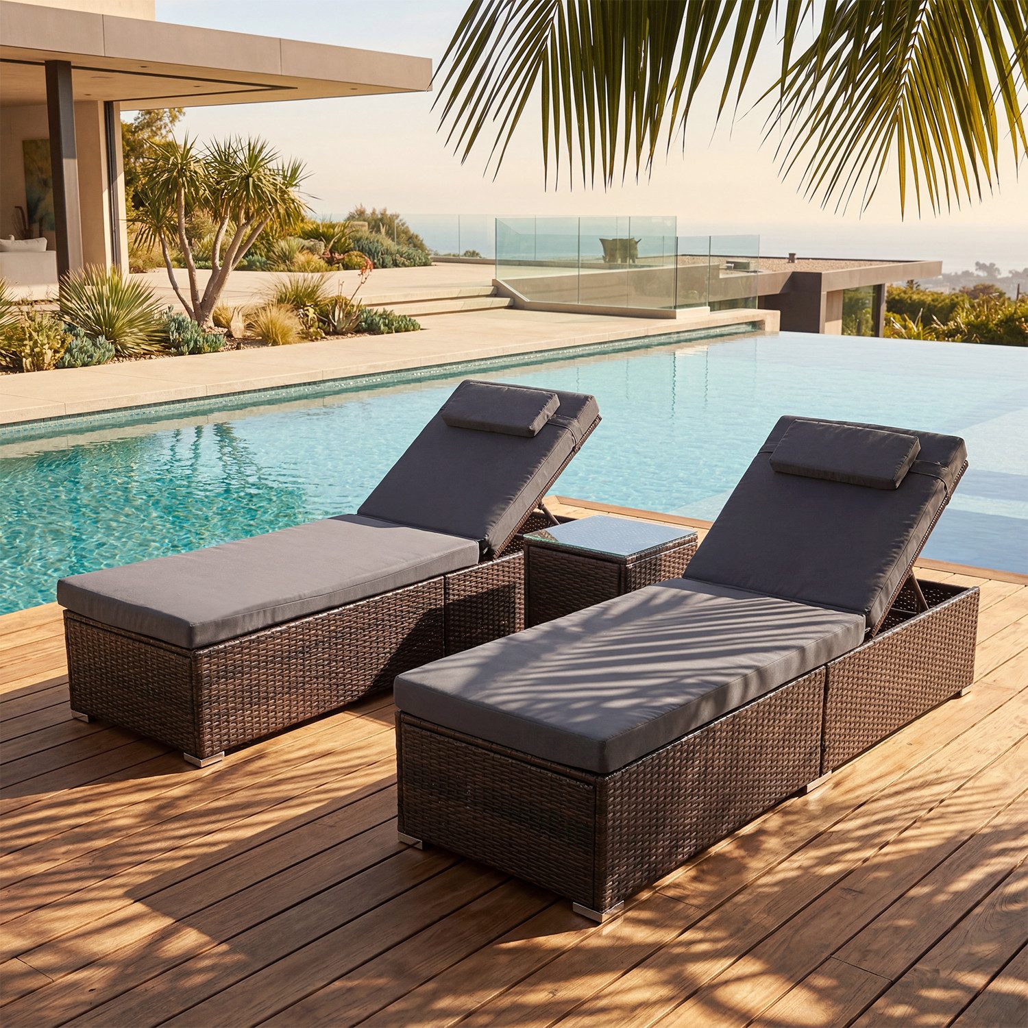 oyajia Gartenliege gepolsterte Rattan Sonnenliege 2er-Set, 2-Personen Polyrattan Sonnenliege, 1 St, für Außen in Braun, wetterfest, UV-beständig, verstellbar, Glastisch