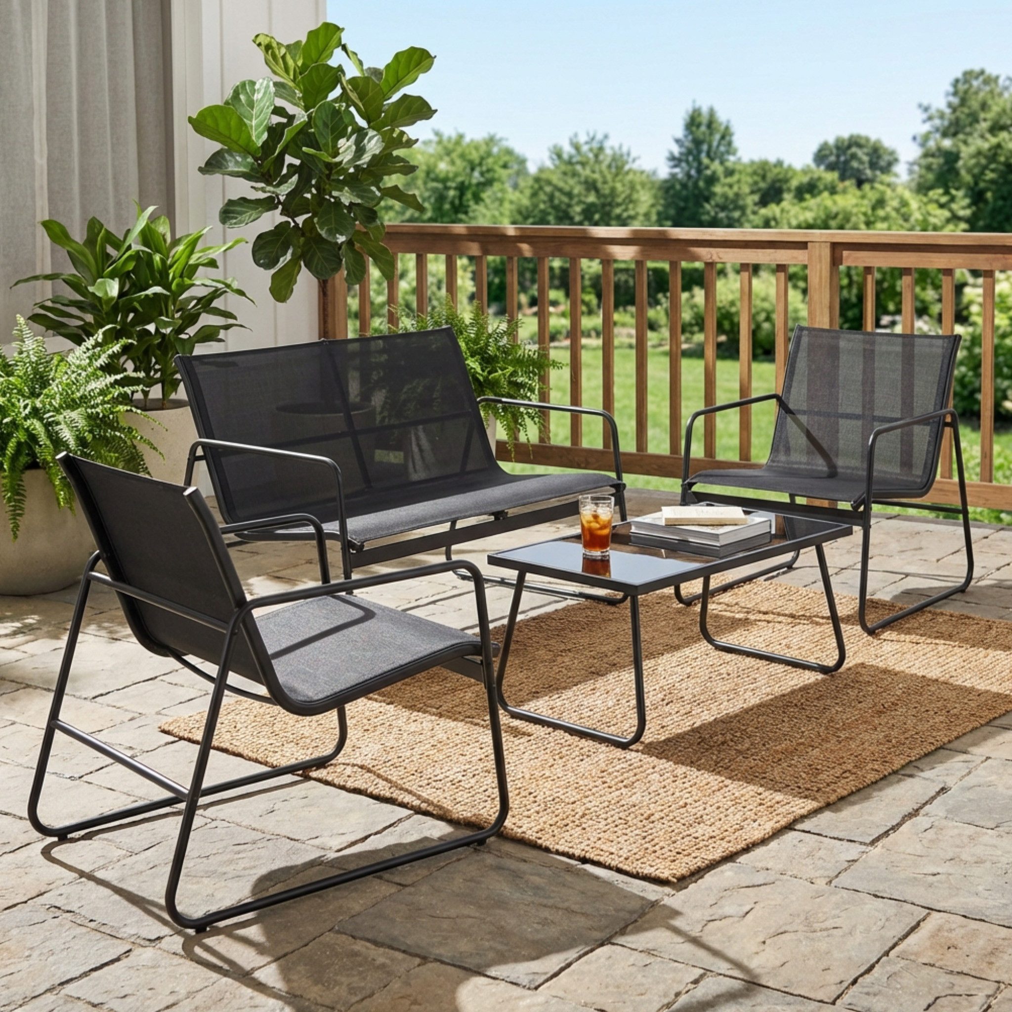 Mondeer Balkonset Gartenmöbel Set 4-tlg, (1 Tisch mit 1 Doppelstuhl 2 Einzelstühlen), Ergonomischen Armlehnen und Stabilem Stahlrahmen