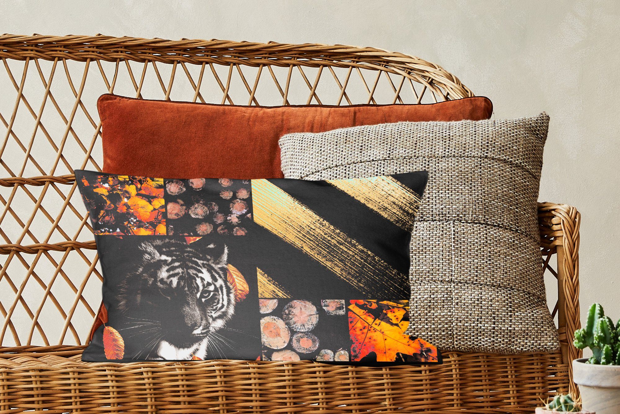 MuchoWow Dekokissen Tiger - Dekoration, mit Collage, Schlafzimmer Zierkissen, - Gold Dekokissen Holz Füllung, - Wohzimmer
