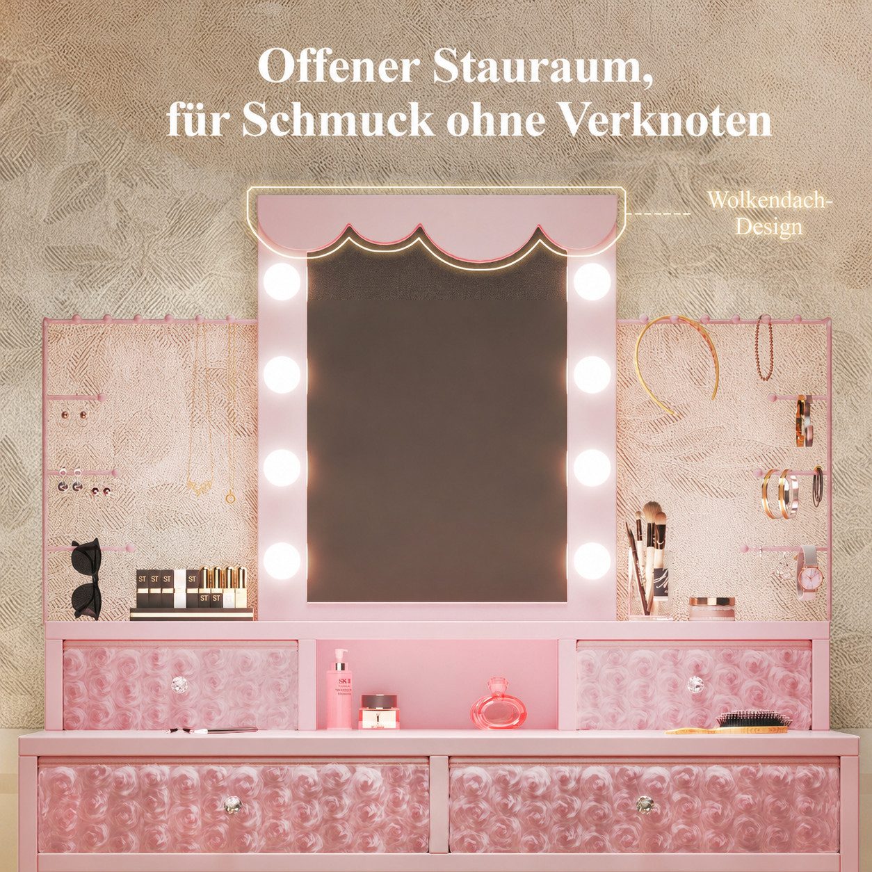 Patbrela Schminktisch mit beleuchtetem Spiegel, mit 3 Lichtmodi für Schlafzimmer, Seitliche Schmuckaufbewahrung – Bild 3 von 5
