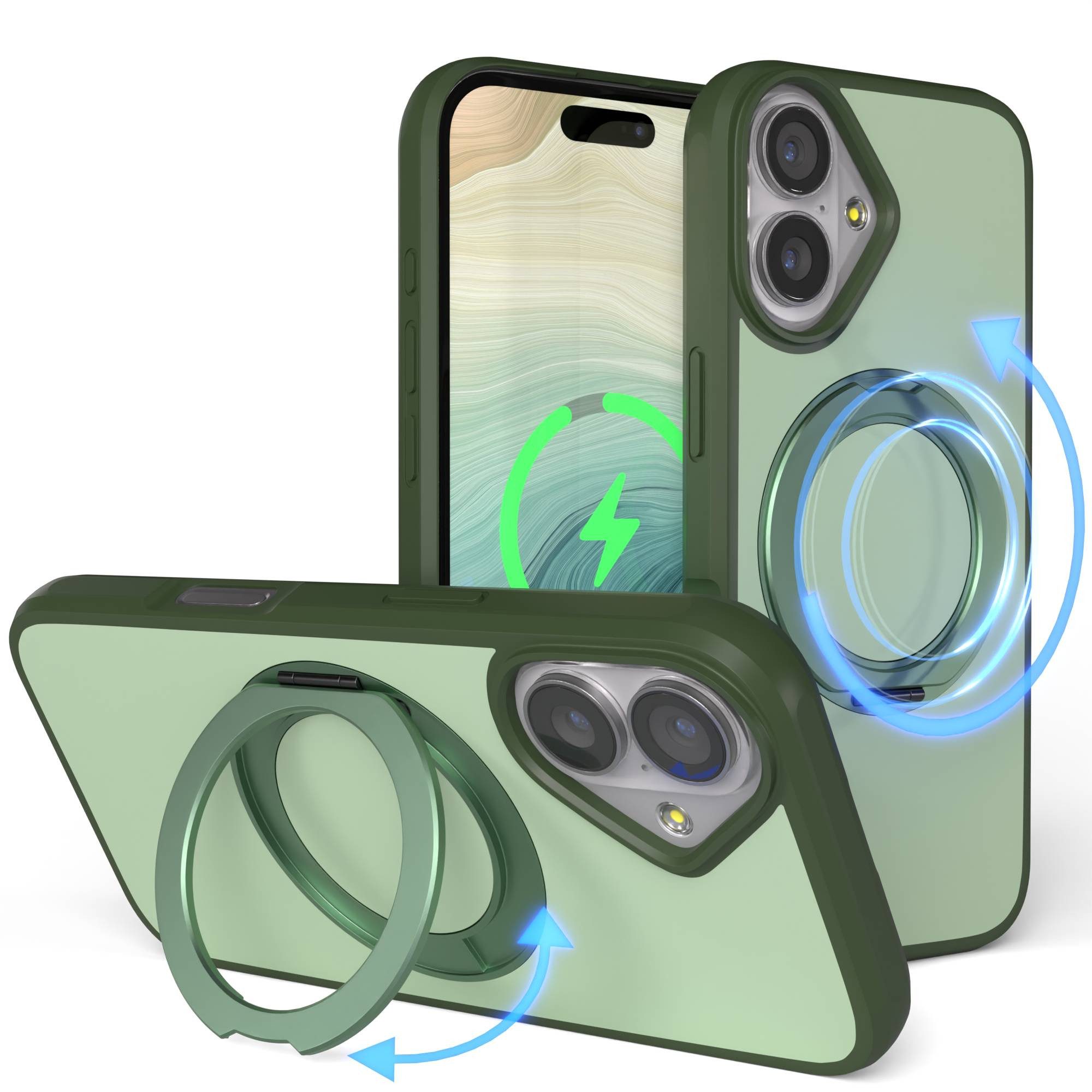 EAZY CASE Handyhülle Outdoor Apple iPhone 17 Case MagSafe Rotation Ring 6,3 Zoll, Backcover Case mit Rotation Ring Outdoor Hülle aufstellbar Dunkelgrün