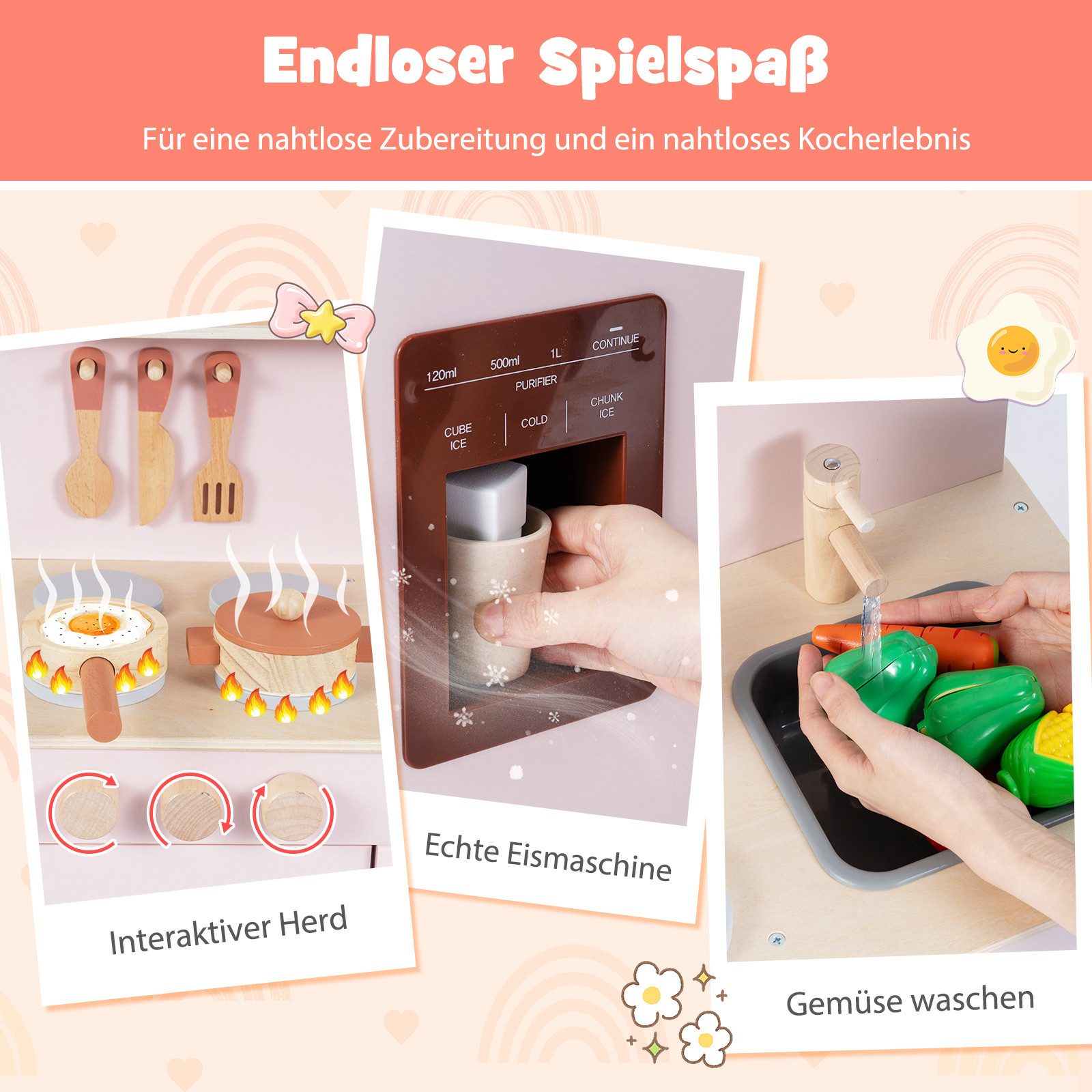 COSTWAY Spielküche Holz, Mit realistischem Eismaschine, Zubehör & Wasserspüle