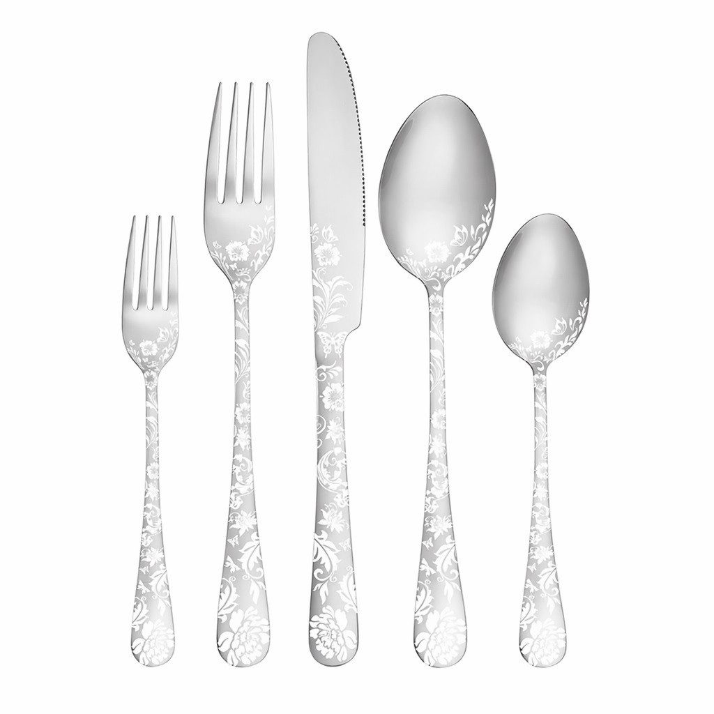 Diwzbyn Besteck-Set 20-teilig für 4 Personen – Edelstahl Messer (20-tlg), Gabeln & Löffel, elegantes Pfingstrosen-Design für Küche und Esstisch