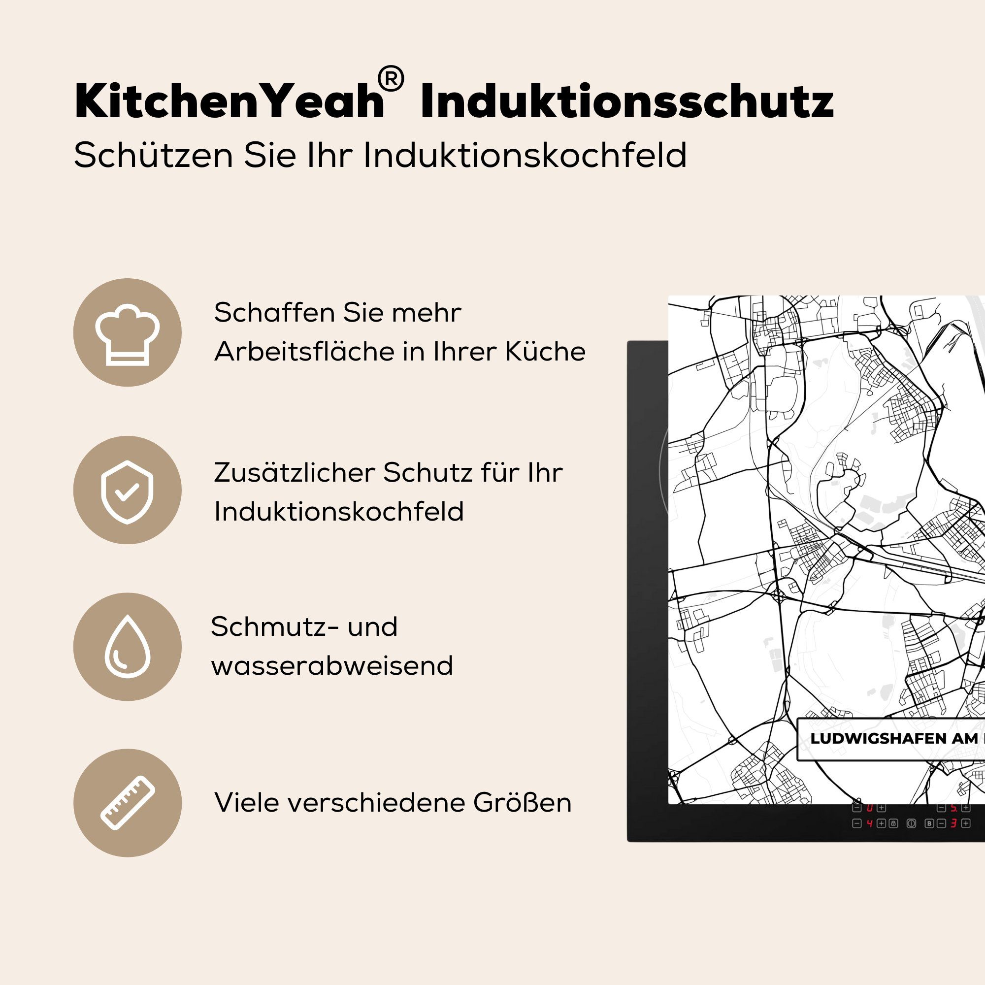 Herdblende-/Abdeckplatte für (1 Arbeitsplatte Rhein Karte tlg), MuchoWow - küche Vinyl, Ceranfeldabdeckung, am - Ludwigshafen cm, 78x78 Stadtplan,