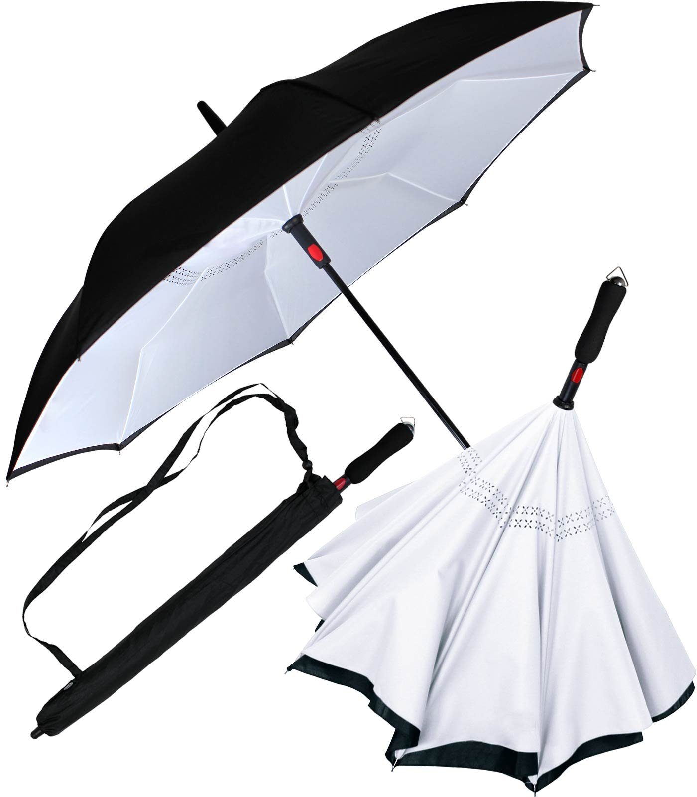 iX-brella Langregenschirm Reverse-Schirm - umgedreht zu öffnen mit Automatik, umgedreht schwarz-weiß