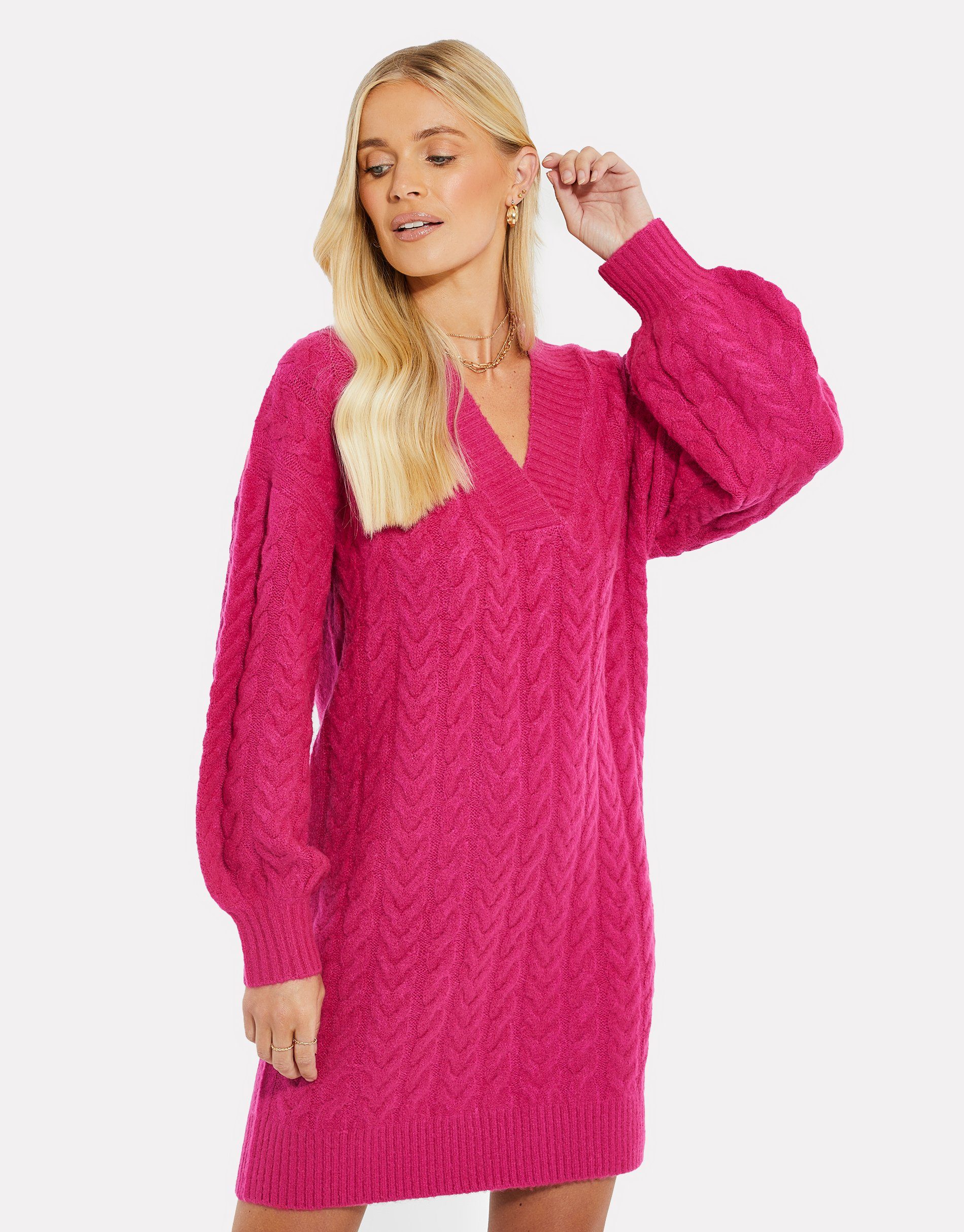 Threadbare Strickkleid THB Chalk Mid Length Knitted Jumper Hot Pink