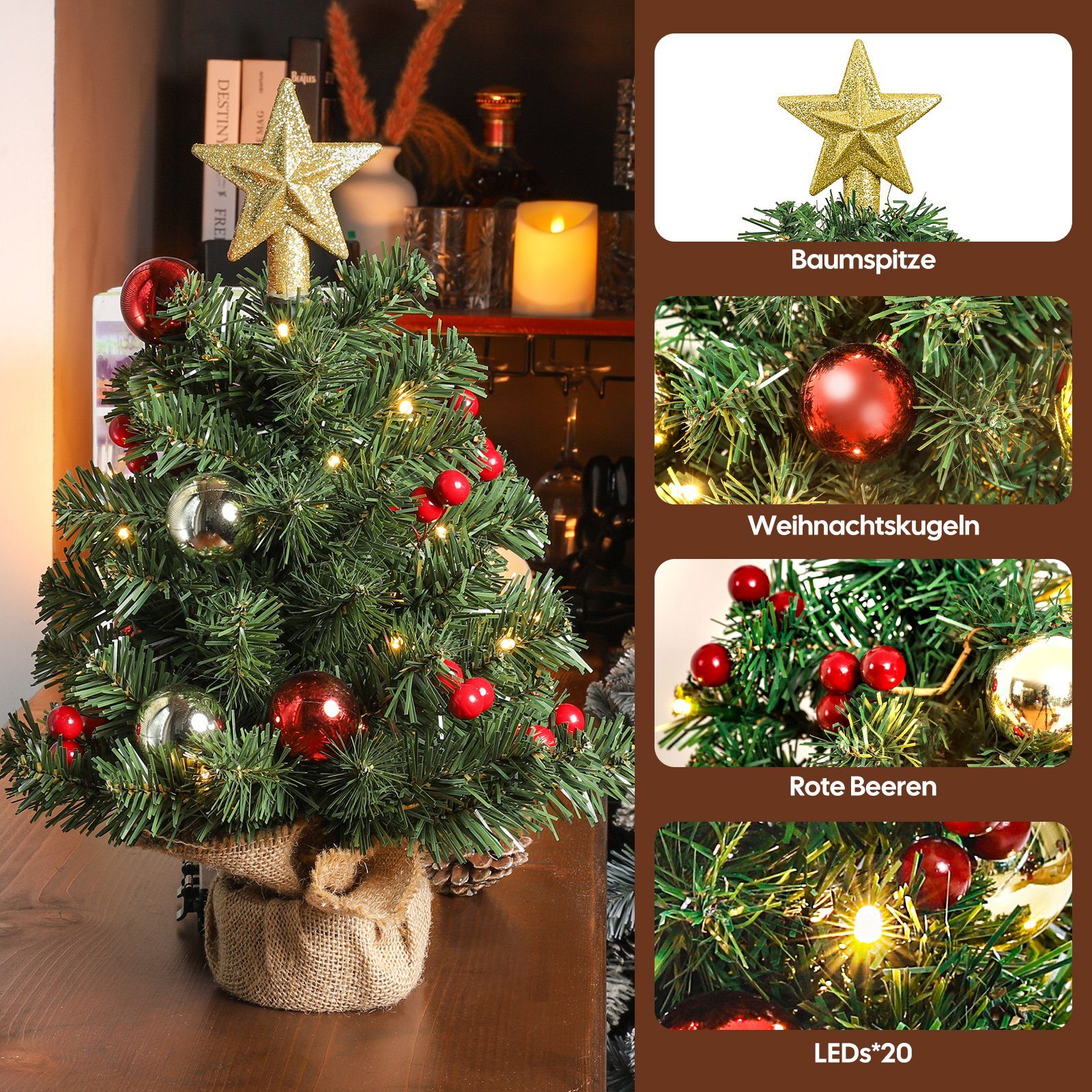 Yorbay Künstlicher Weihnachtsbaum Mini Weihnachtsbaum mit warmweiß LEDs, 8 Licht Modi, Batterie betrieben, für Weihnachten, Advent, künstlich, Geschmückt – Bild 4 von 5