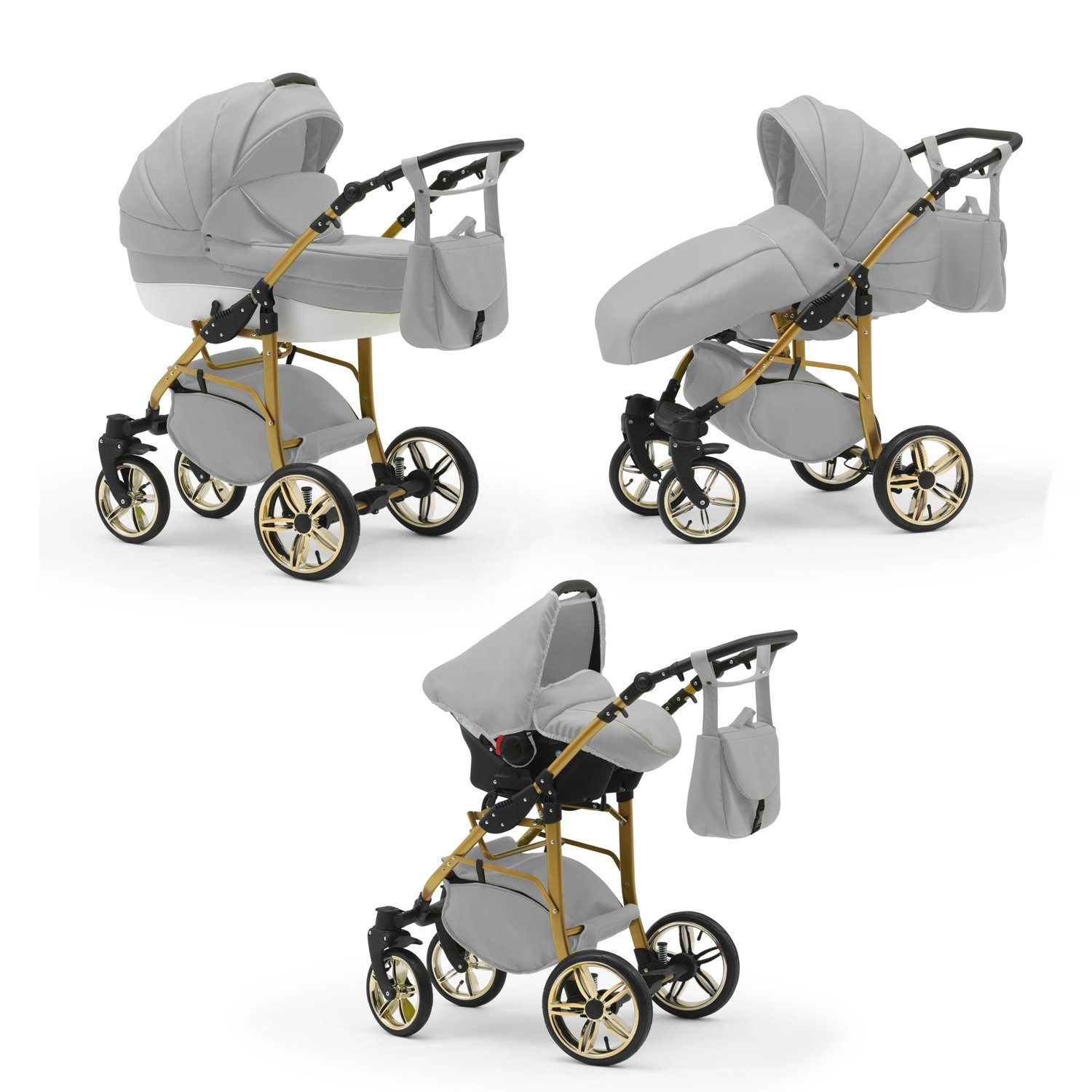 babies-on-wheels Kombi-Kinderwagen 3 in 1 Kinderwagen-Set Cosmo ECO Gold - 16 Teile - in 46 Farben Hellgrau-Weiß