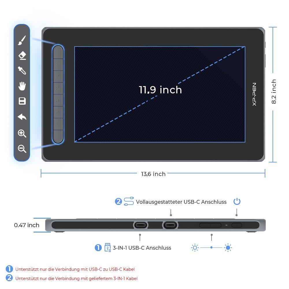12 (2. Gen) (12", Display XP-PEN mit Schutzhülle) Blau Grafiktablett ohne Grafiktablett Artist