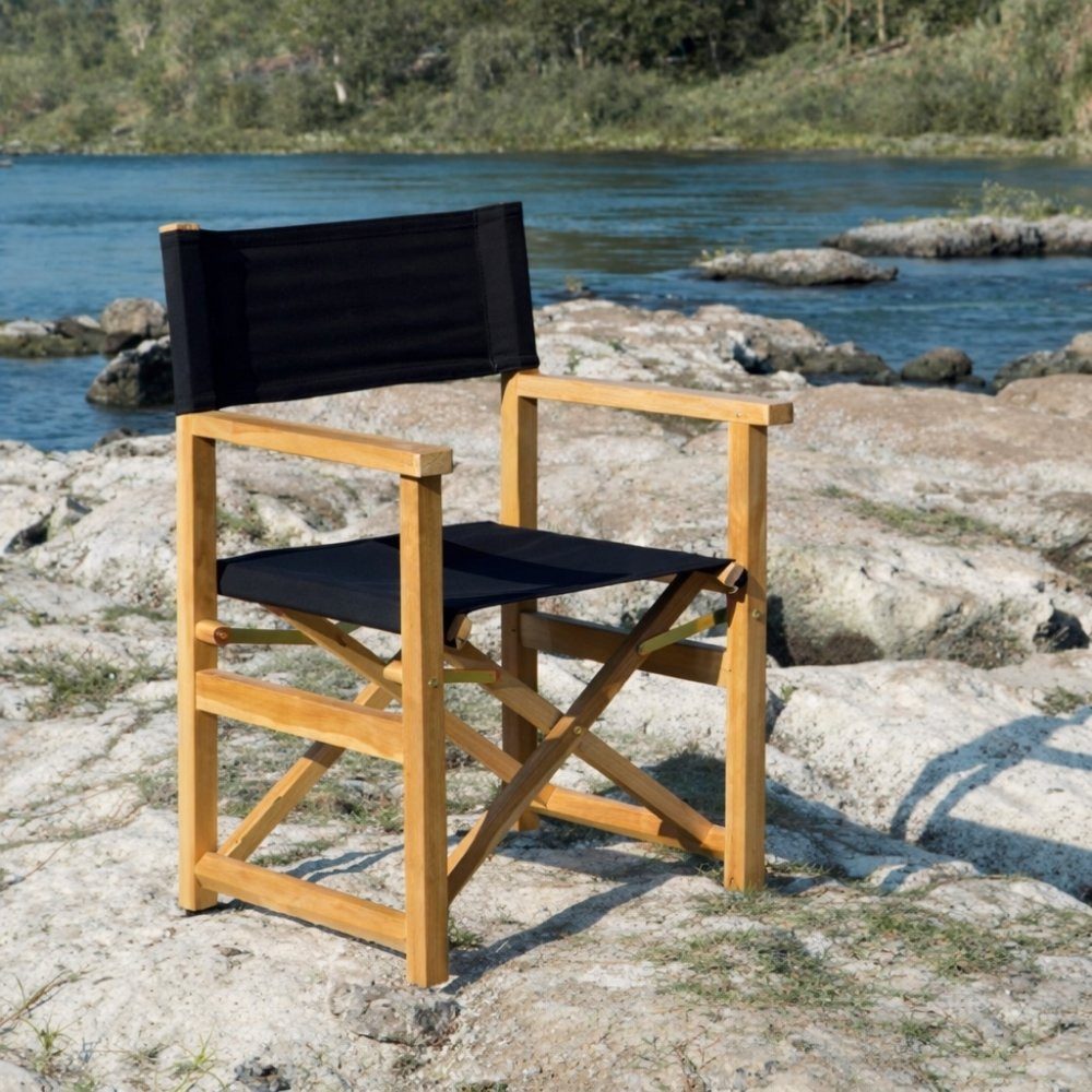 LebensWohnArt Stuhl Teak Klappstuhl REGIE natural – Outdoorstoff schwarz Wintergarten