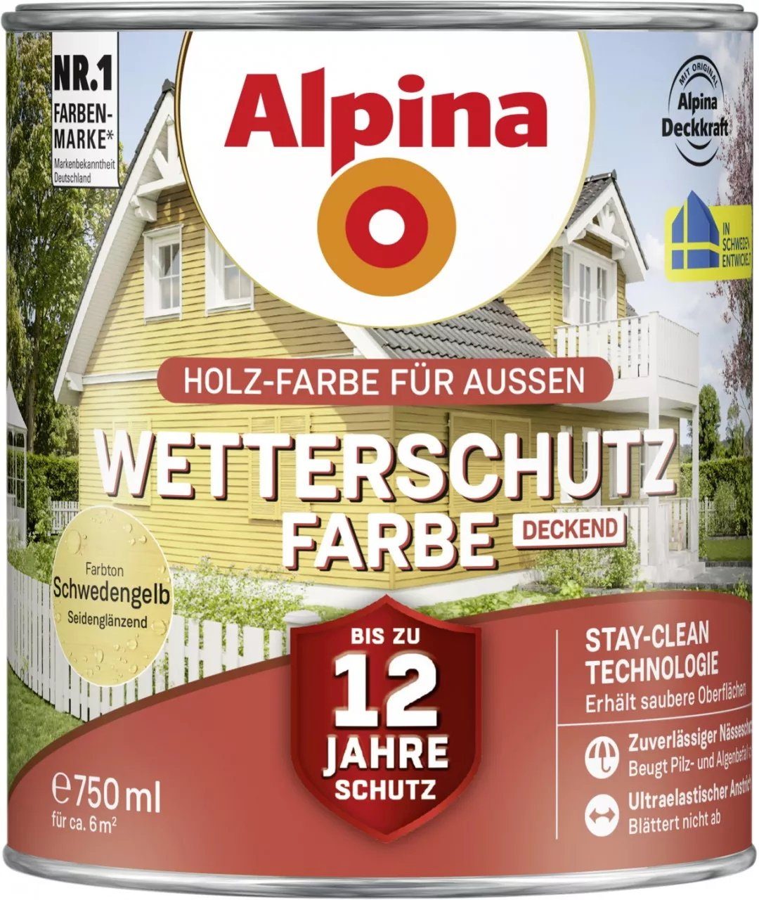 Alpina Wetterschutzfarbe Holzfarbe für außen deckend Schwedengelb 750 ml