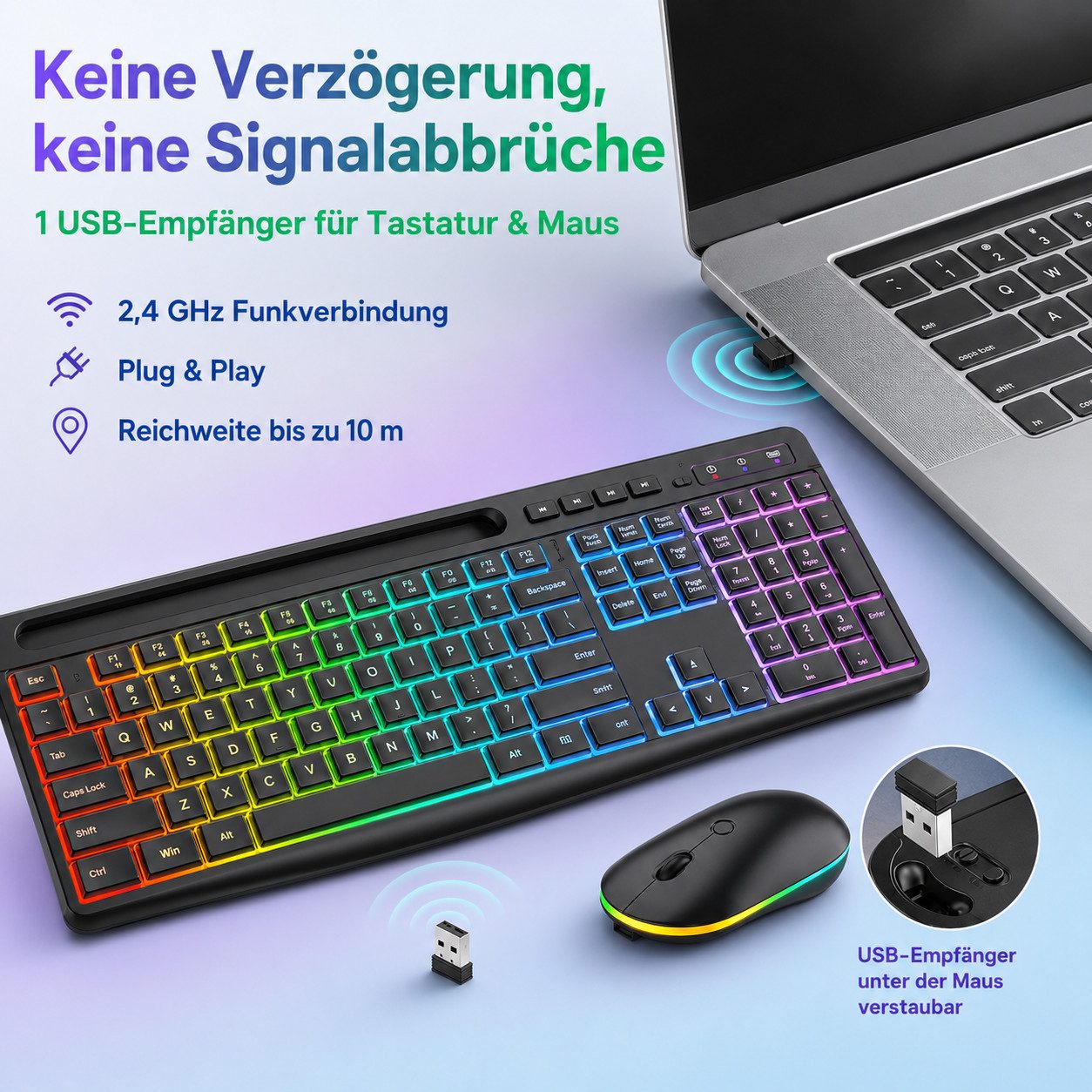 Goldstern-Tech Wireless-Tastatur (Kabelloses Tastatur-Maus-Set mit RGB, USB-C, 2,4 GHz Funkverbindung)
