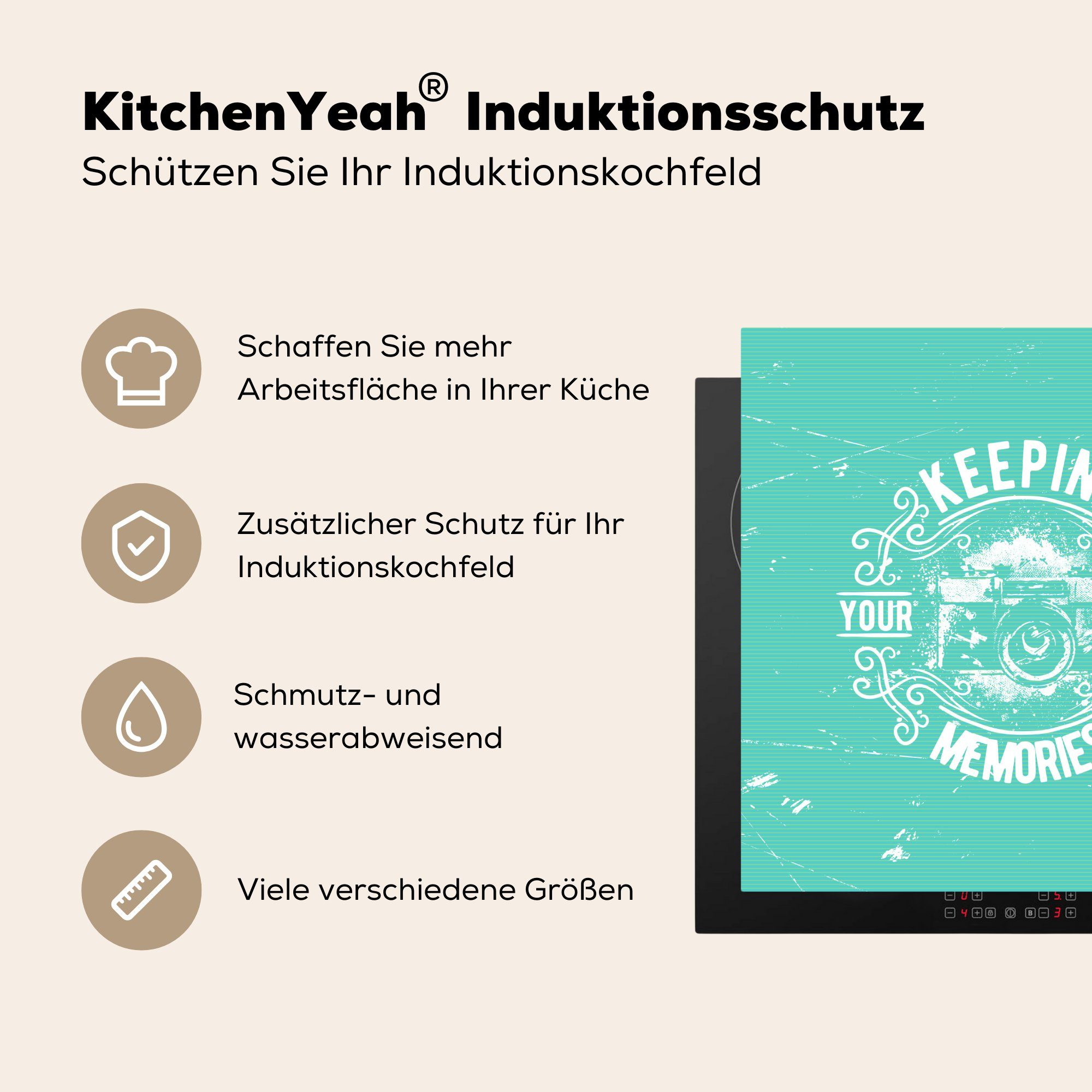 Text, (1 cm, Jahrgang MuchoWow küche 78x78 Kamera - tlg), für Ceranfeldabdeckung, - Arbeitsplatte Vinyl, Herdblende-/Abdeckplatte