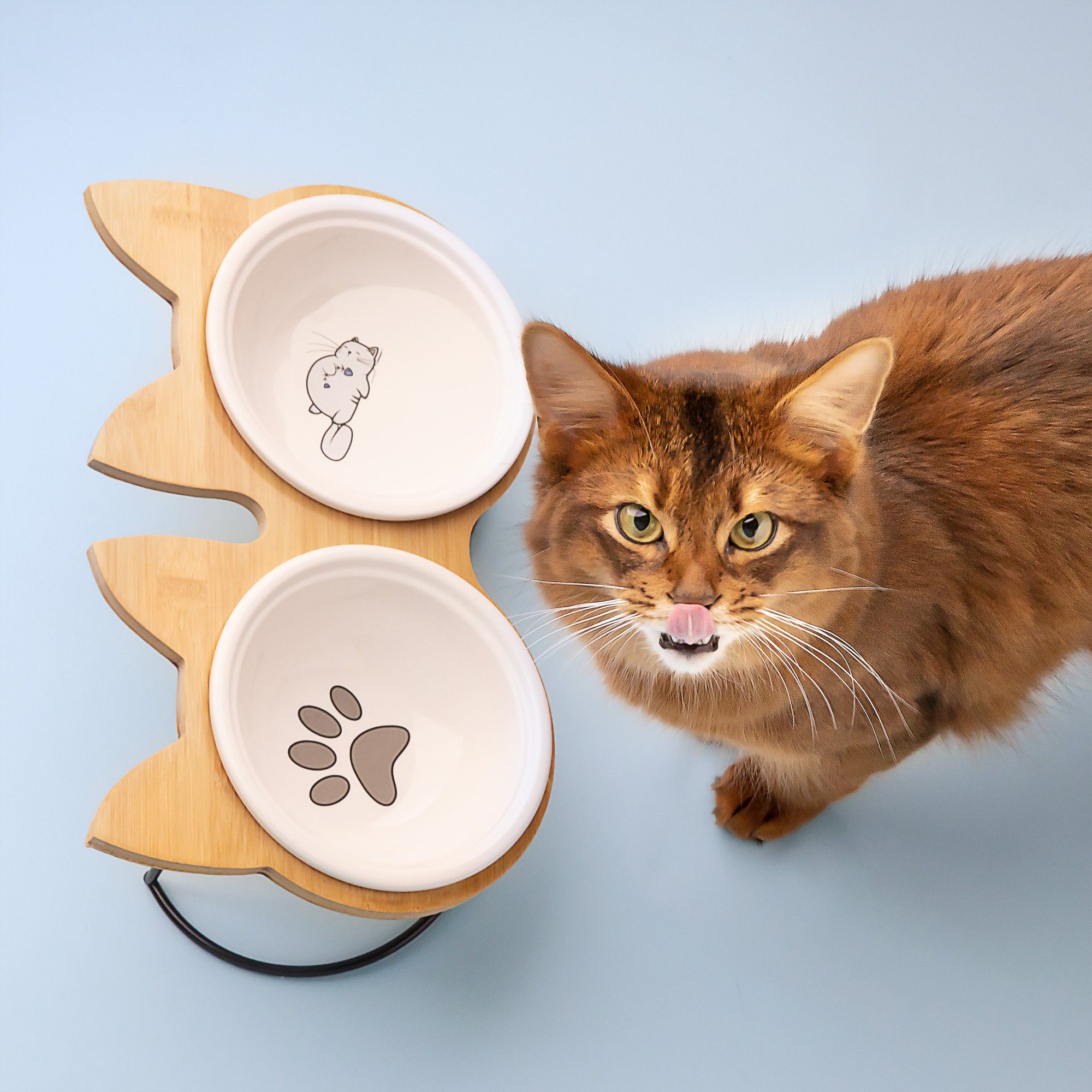 Thumbnail - Navaris Napf Futterstation Set mit Bambus-Halterung und Keramiknapf, Katzen/Hunde