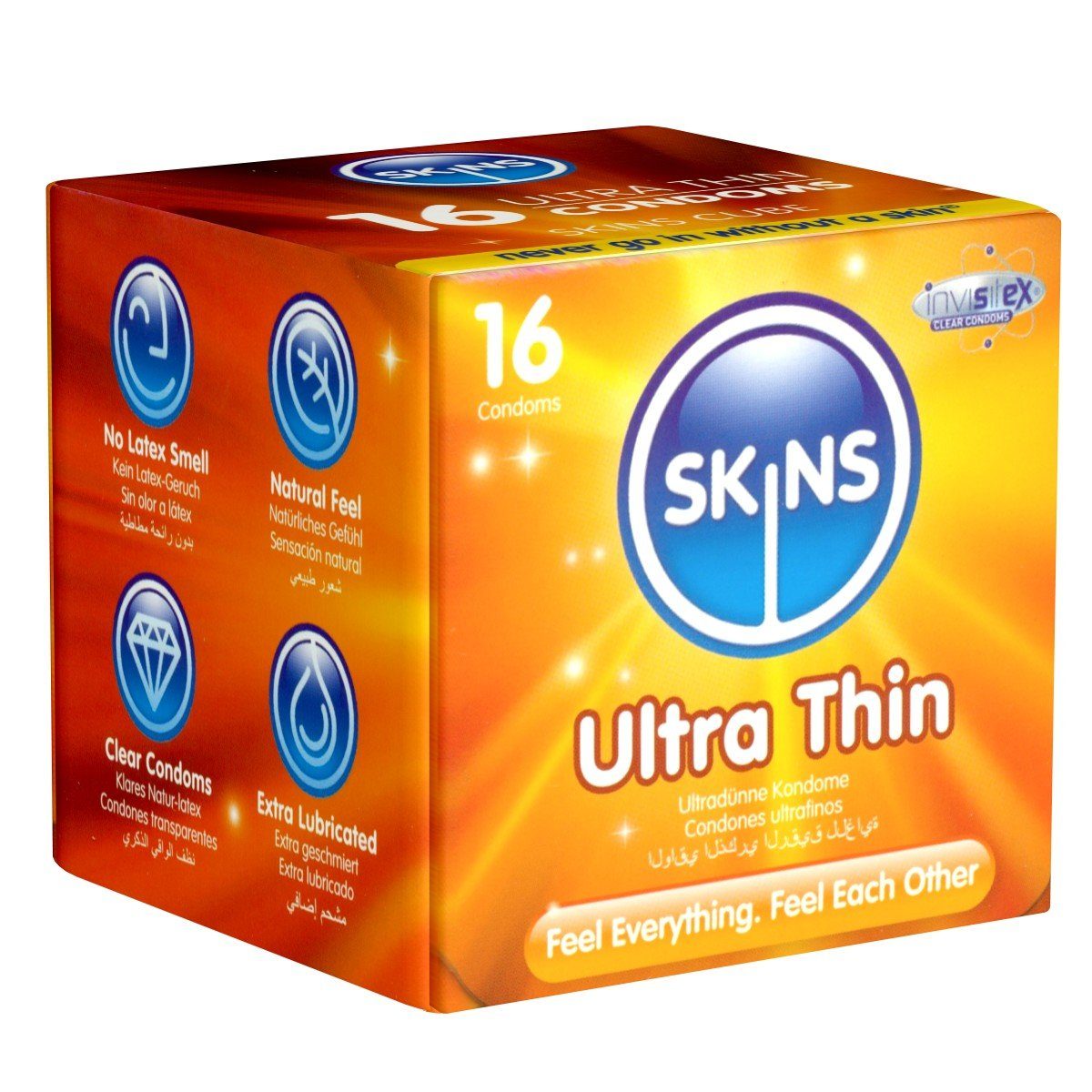 SKINS Condoms Kondome Ultra Thin, samtweiche Oberfläche, fühlt sich an wie "echt", Packung mit, 16 St., ultra dünne Kondome, durchsichtiges Latex (kristallklar), kein Latexgeruch