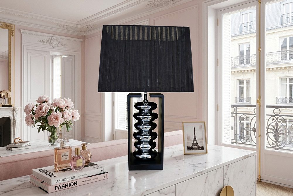 riess-ambiente Tischleuchte GRACIA 55cm schwarz/silber - Stoffschirm, Holzfuß, Modern Design, Ein-/Ausschalter, ohne Leuchtmittel, mit neigbarem Lampenschirm – ideal für Wohnzimmer & Schlafzimmer