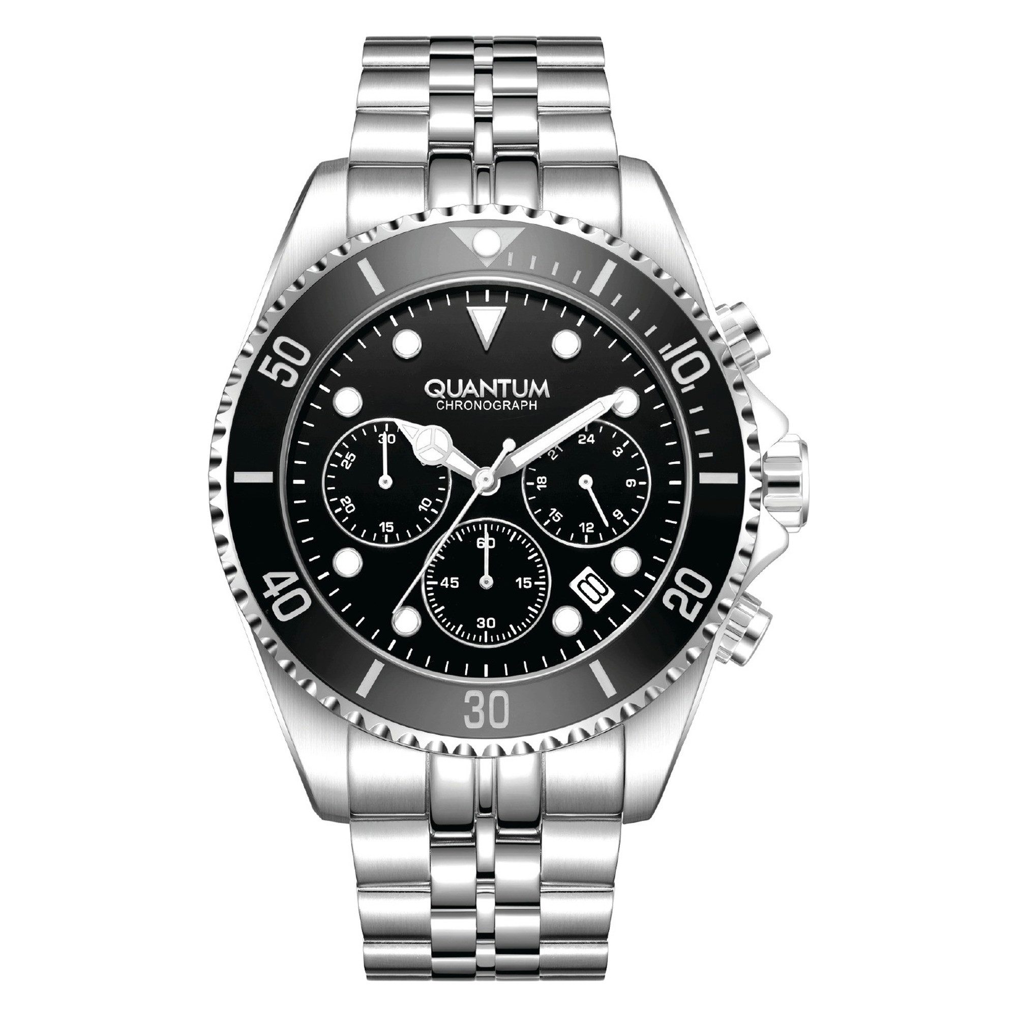 QUANTUM Chronograph Herrenuhr Edelstahl, 44 mm, Herren Armbanduhr, 10 ATM wasserdicht schwarzes Zifferblatt, silber – PWG930.350, (1-tlg), Datum, Mineralglas, inkl. Geschenkbox