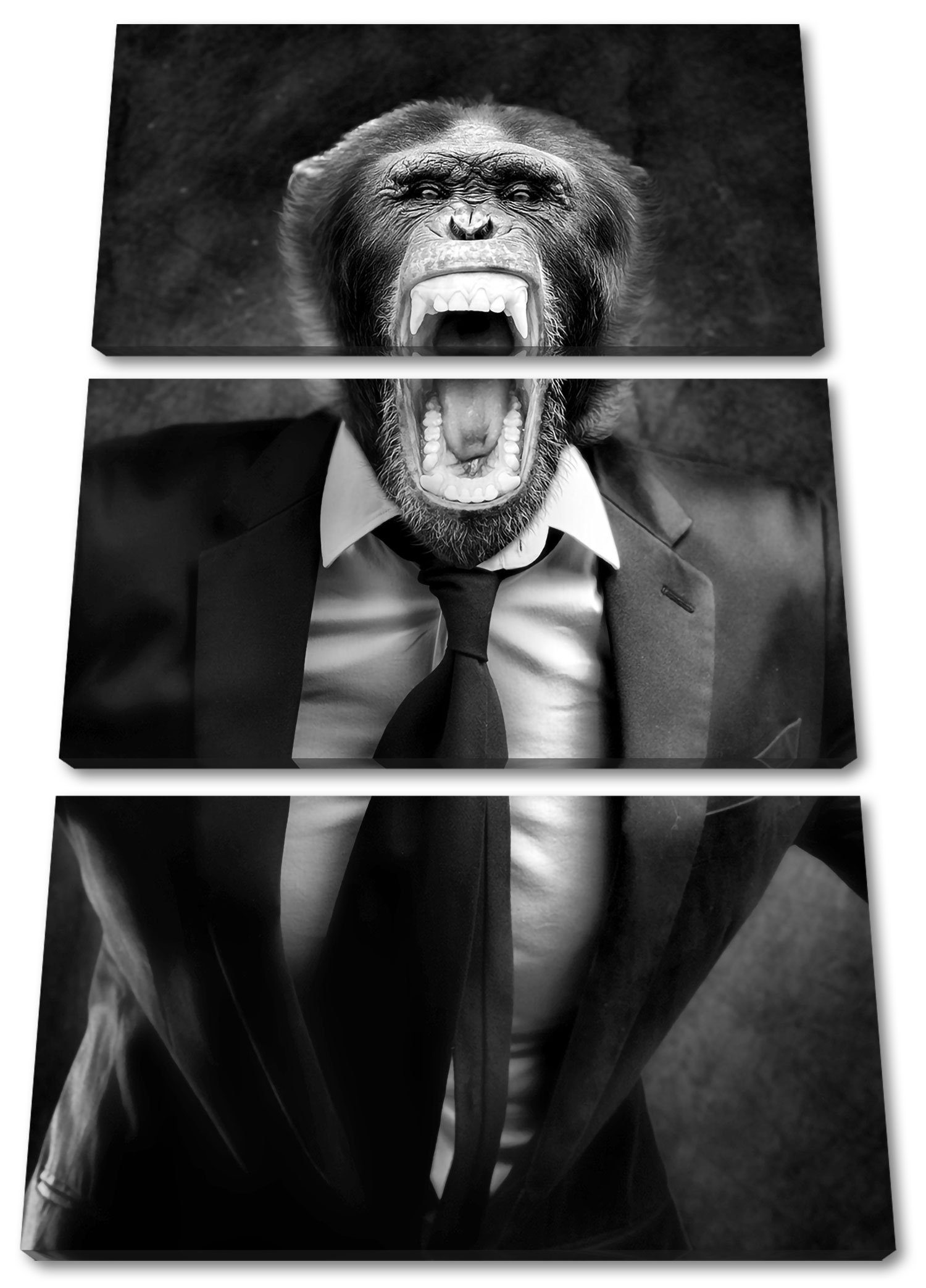 Affe Leinwandbild 3Teiler fertig St), Anzug, Pixxprint im Anzug Wütender im Affe (1 Leinwandbild Zackenaufhänger bespannt, (120x80cm) inkl. Wütender