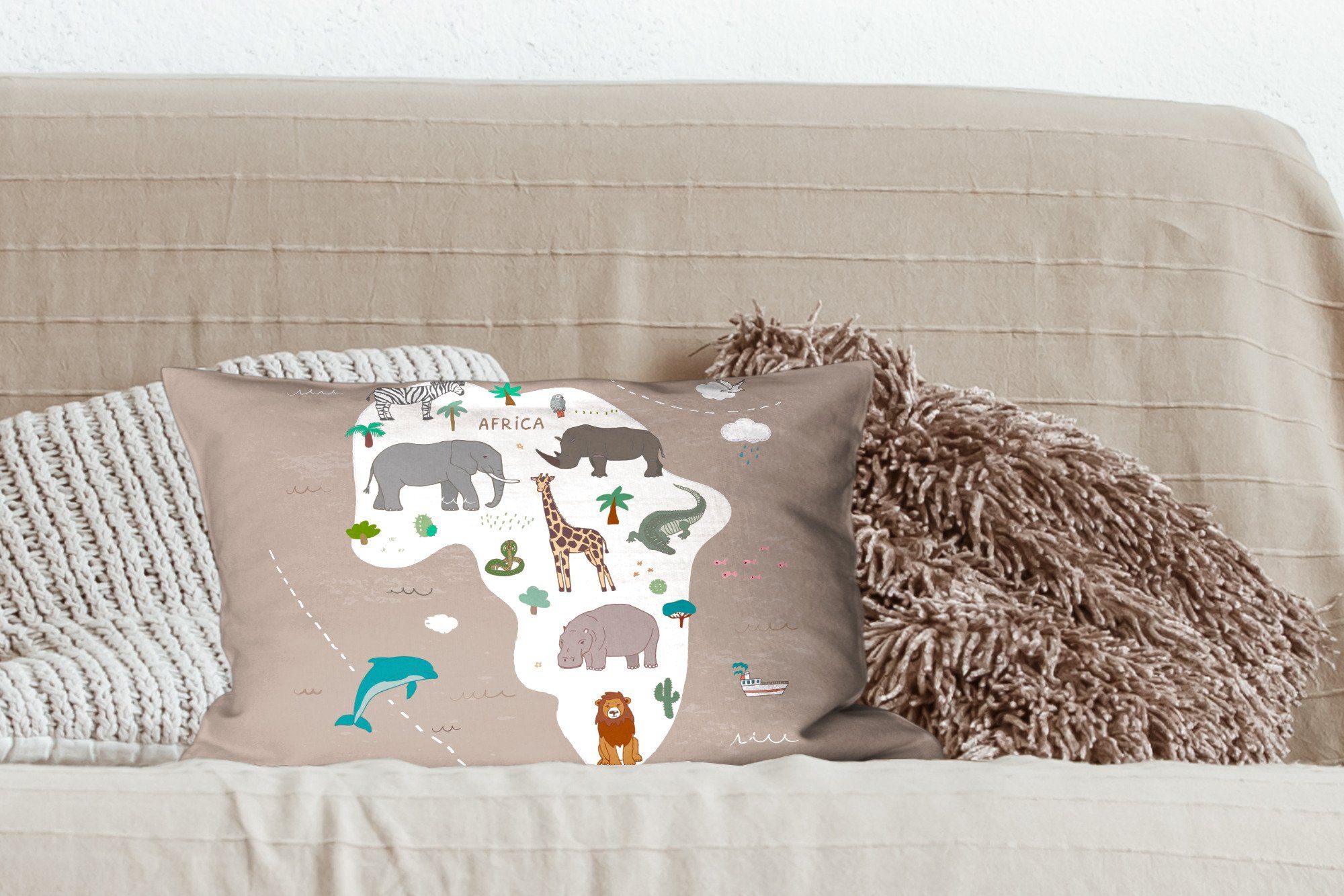 Wohzimmer - Dekokissen - - Schlafzimmer mit Kinder Füllung, Afrika MuchoWow Zierkissen, Tiere Dekokissen Mädchen, - Jungen - Weltkarte Dekoration,