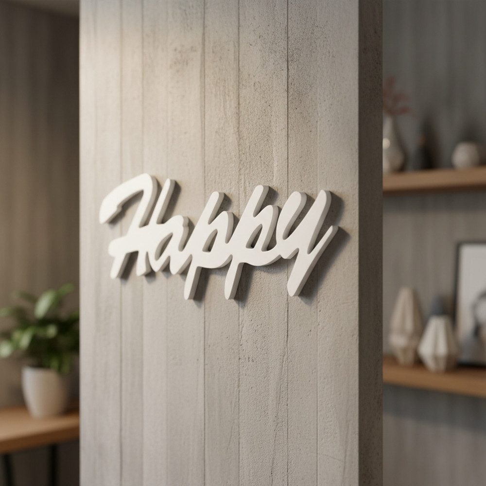 Melko Wanddekoobjekt Dekoschild Schriftzug Happy Schwarz oder Weiß MDF Holz zum aufstellen (Stück, Dekoschild Happy), Ideal für inspirierende Home-Dekoration