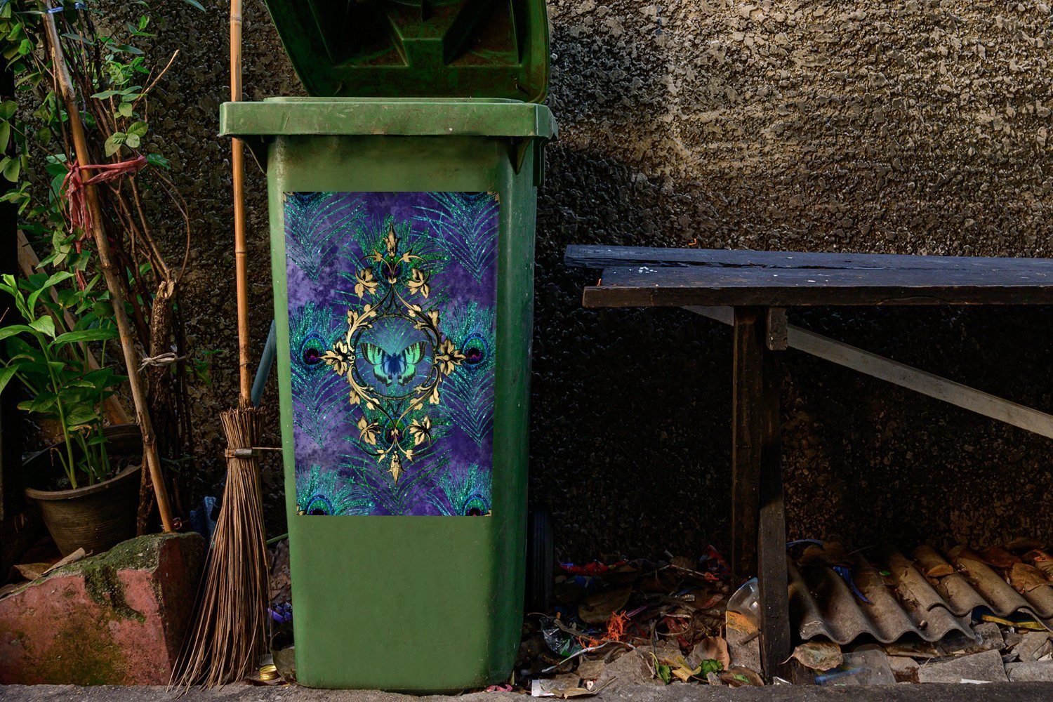 MuchoWow Wandsticker Schmetterling - Container, Pfauenfeder Mülleimer-aufkleber, Mülltonne, Violett Sticker, (1 - Abfalbehälter St)