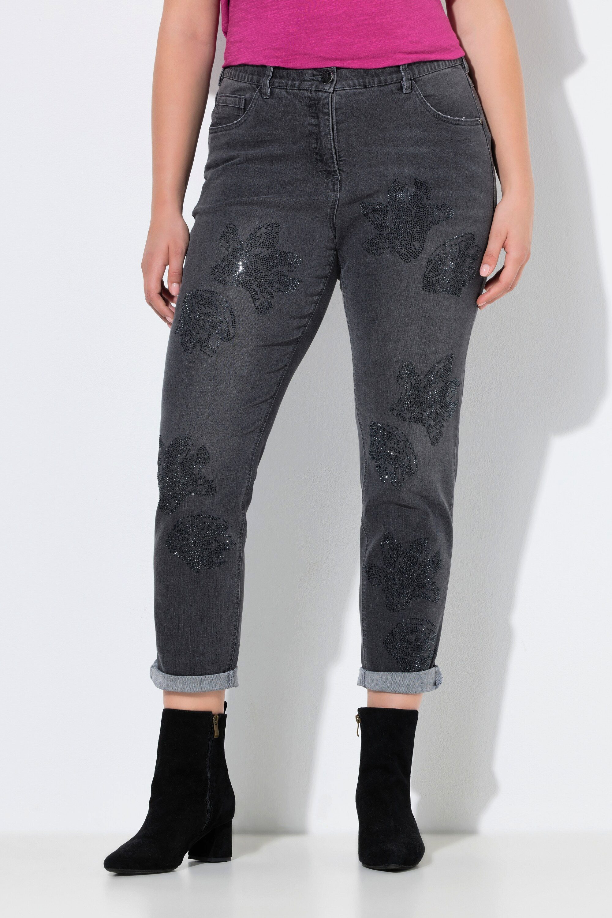 Ulla Popken Regular-fit-Jeans Boyfriend-Jeans Blüten Ziersteine Stretch günstig online kaufen