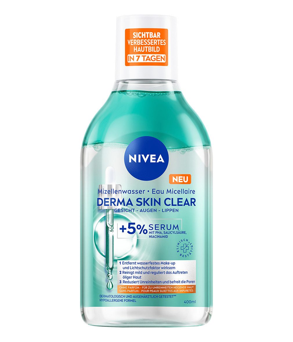 Nivea Gesichtswasser Mizellenwasser Derma Skin Clear 3 x 400ml, 3-tlg., beseitigt Pickel, Mitesser & fettige/ölige Haut