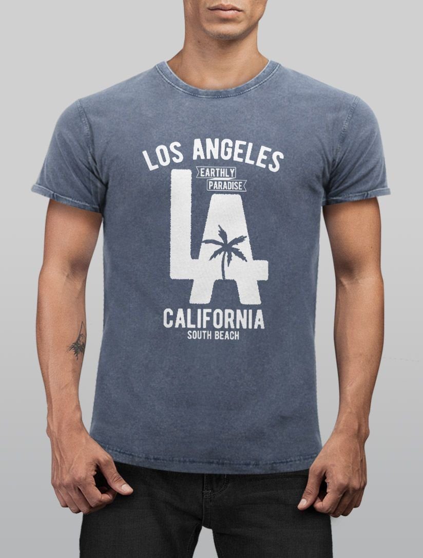 Fit T-Shirt blau mit Herren Shirt Angesagtes Aufdruck Angeles Slim LA Print Los Vintage Neverless® Cooles Neverless California Used Print-Shirt Look