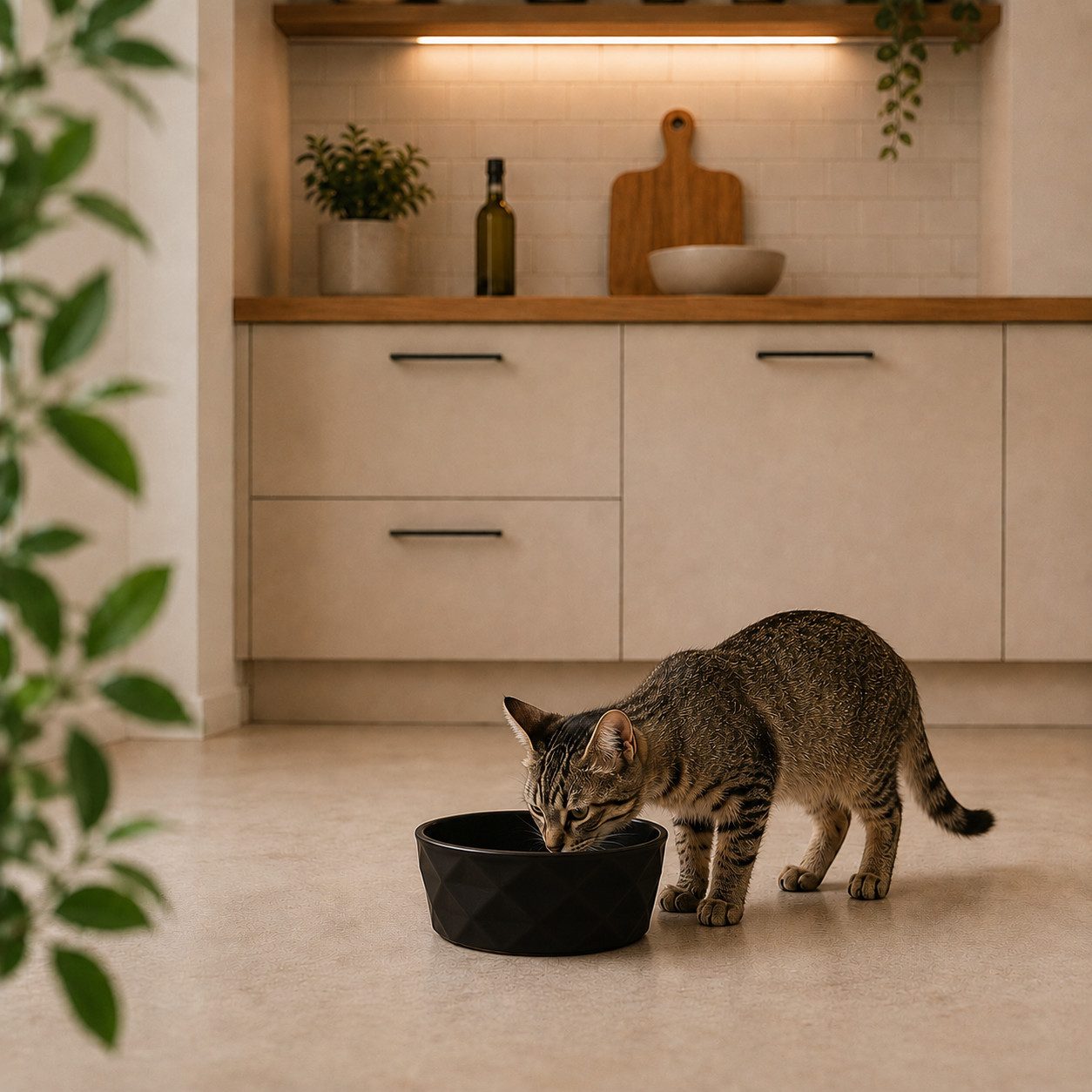 belviona Futternapf aus Keramik für Katzen, spülmaschinenfest, 350 ml, schwarz, Keramik, Robuster & rutschfester Futter- & Wassernapf mit Silikonboden