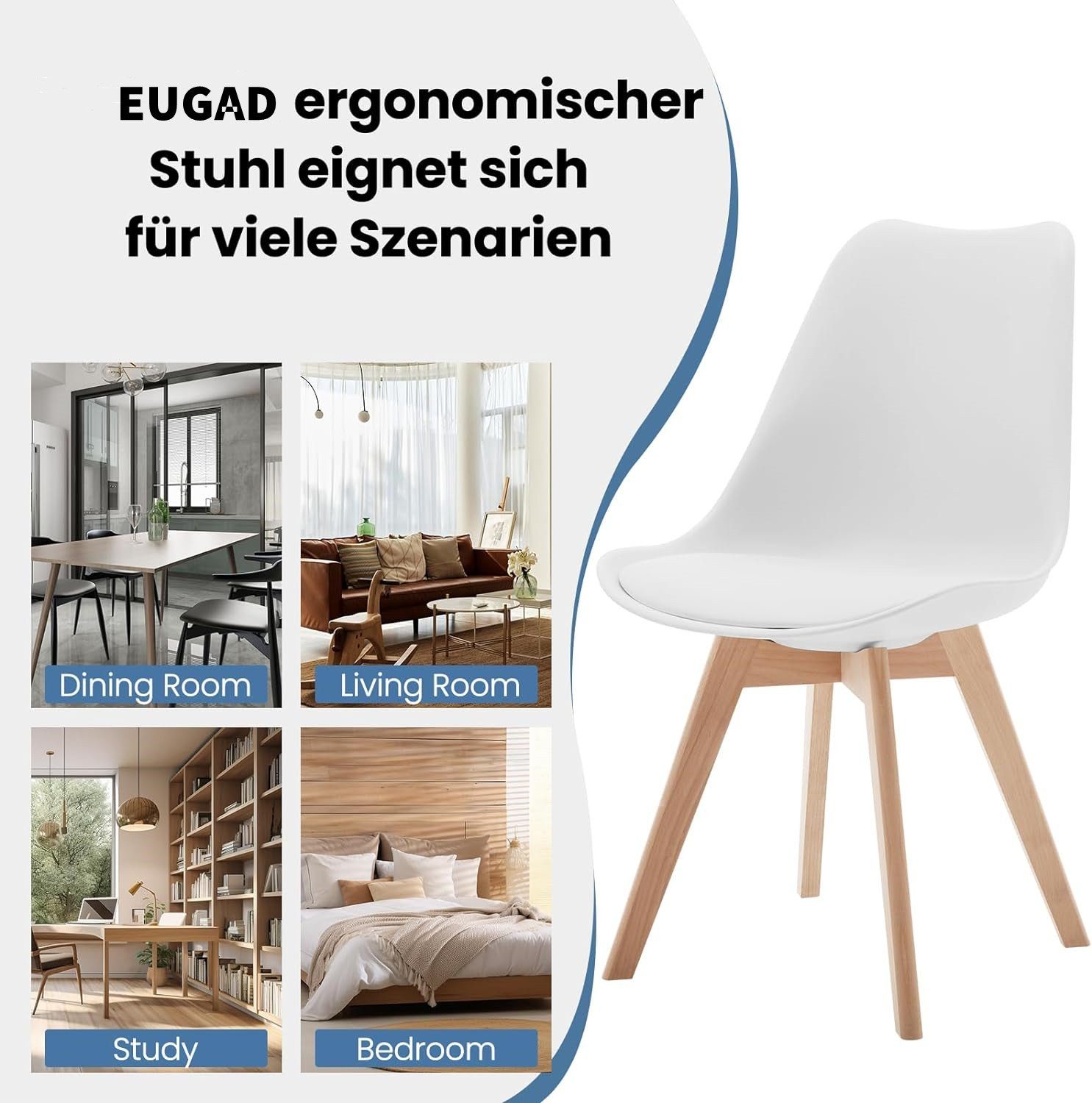 EUGAD Esszimmerstühle St), Massivholzbeinen, Kunstleder mit gepolstert, Weiß Design, 4-Fußstuhl (4