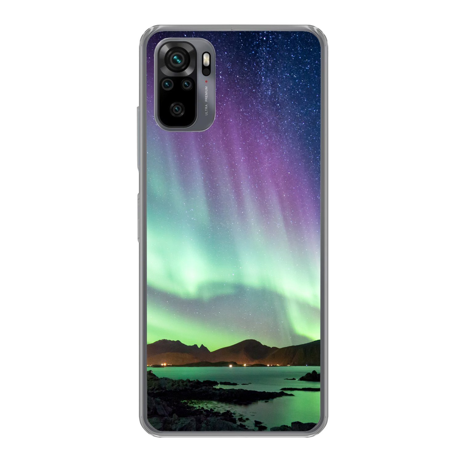 MuchoWow Handyhülle für Xiaomi Redmi Note 10 Nordlicht - Grün - Lila - Sternenhimmel - See, Phone Case, Silikon, Schutzhülle Dünn