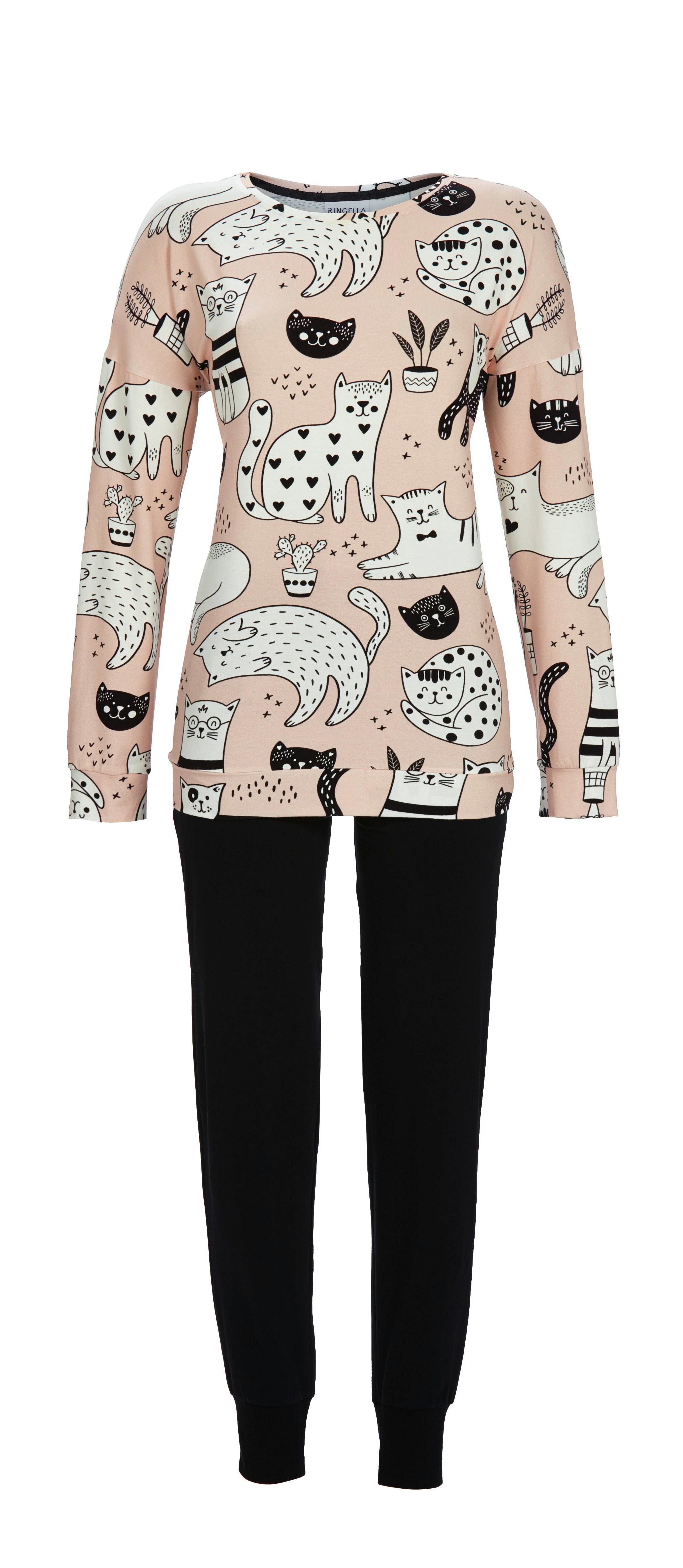 Ringella Pyjama - Schlafanzug mit Katzendessin und lange Hose mit Strickbündchen