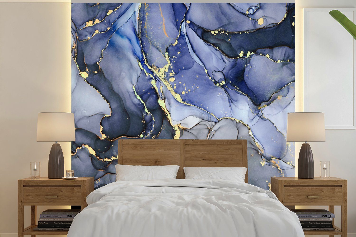 MuchoWow Fototapete Marmor - Gold (4 Fototapete - Schlafzimmer Wohnzimmer - Matt, für Blau, Abstrakt Küche, bedruckt, St), Vliestapete