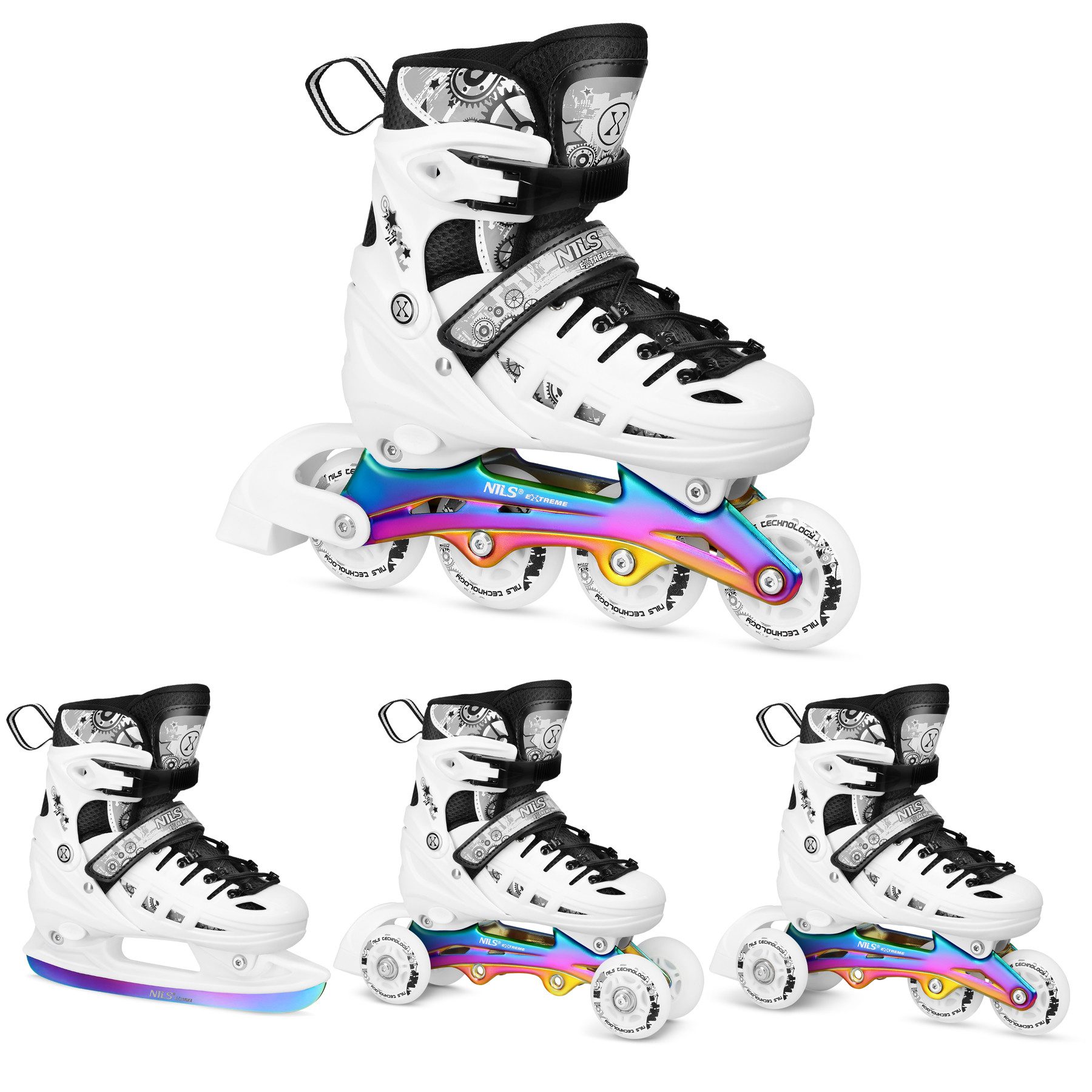 NILS EXTREME Schlittschuhe 4-IN-1 Inliner LED Inlineskates Rollschuhe wechselbare Kufen weiß, Verstellbare Größe & leuchtende Rollen