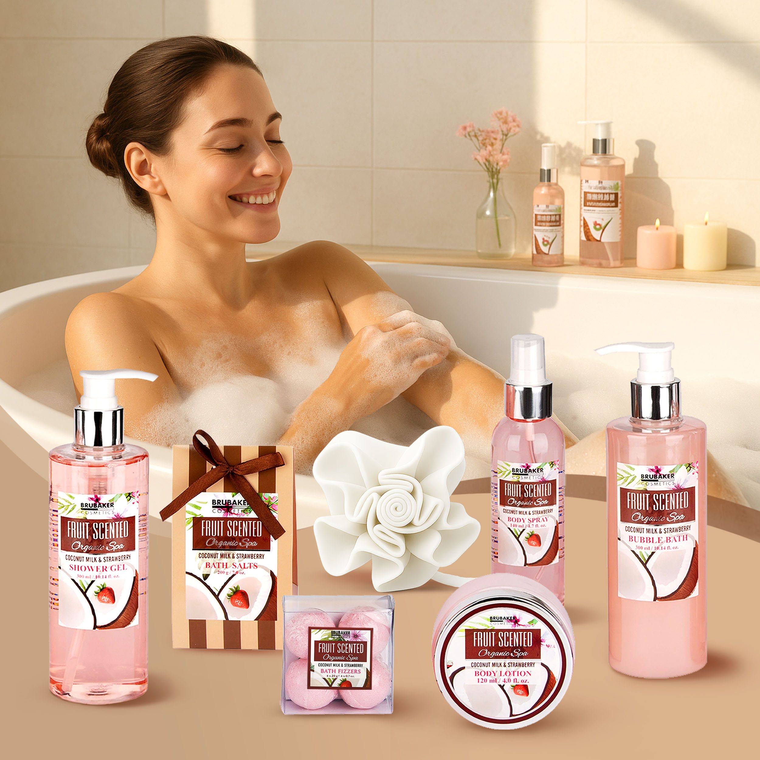 BRUBAKER Pflege-Geschenkset Dusch- und Badeset mit Kokosnuss & Erdbeer Duft Set, 11-tlg., Frauen Geschenk Set in Vintage Wanne, Wellness Pflegeset für Damen