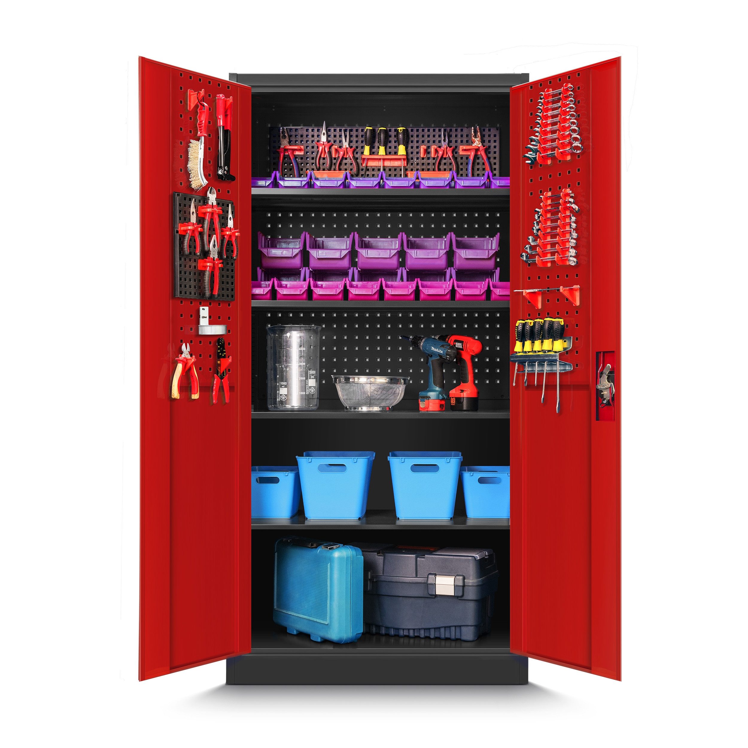 Jan Nowak Werkzeugschrank Profi Schrank abschließbar 92 cm BRUNO 5 Böden Stahl 0,8 mm (Stahl 0,8 mm Rückwand perforiert Türen perforiert PZH-zertifiziert) Werkstattschrank Schloss 2 Schlüssel perforiert robust 5 Farben