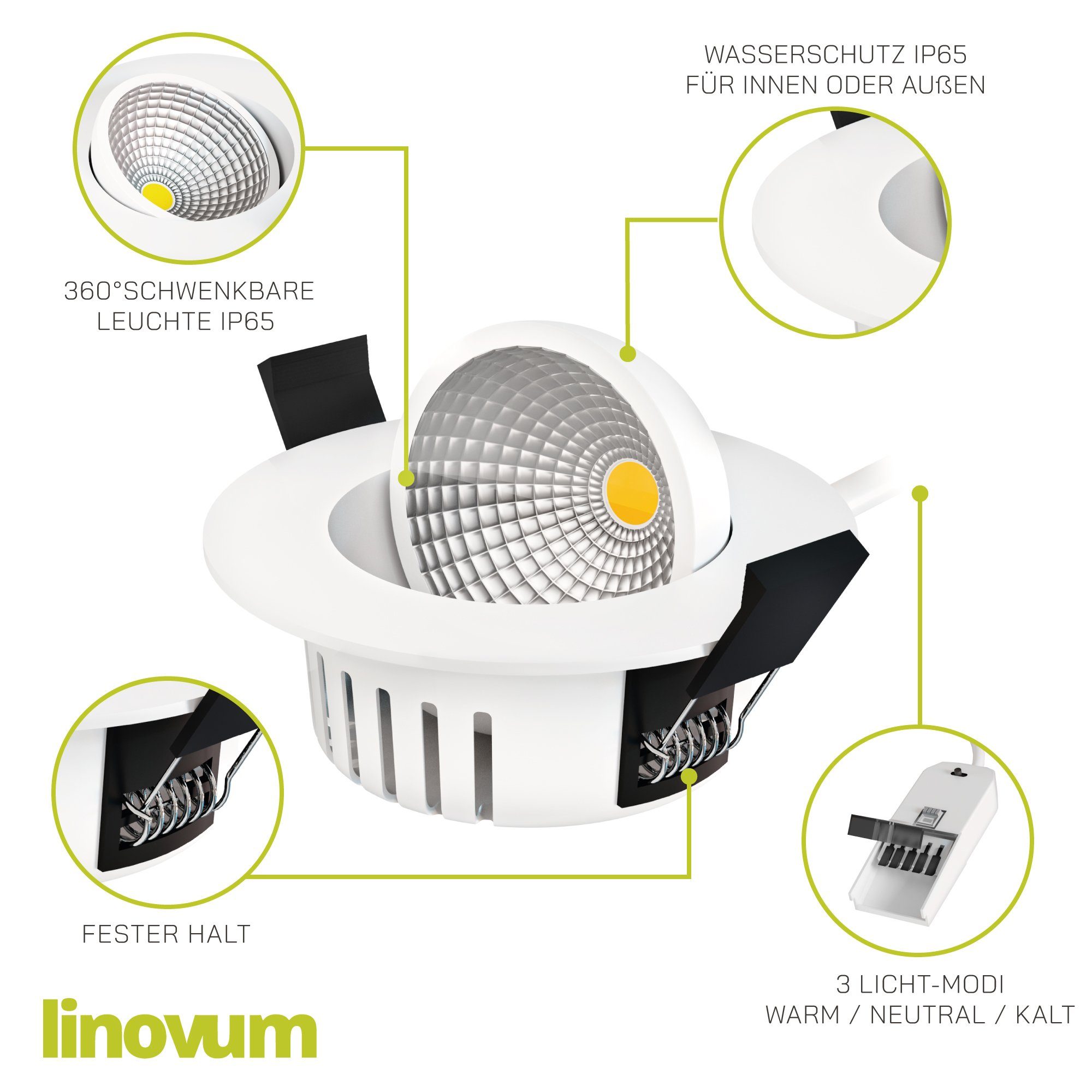3-farbmodi, ATOA 360° fest LED-Leuchtmittel dimmbar, schwenkbar linovum fest verbaut, Einbaustrahler LED-Leuchtmittel IP65, Deckeneinbaustrahler LED verbaut