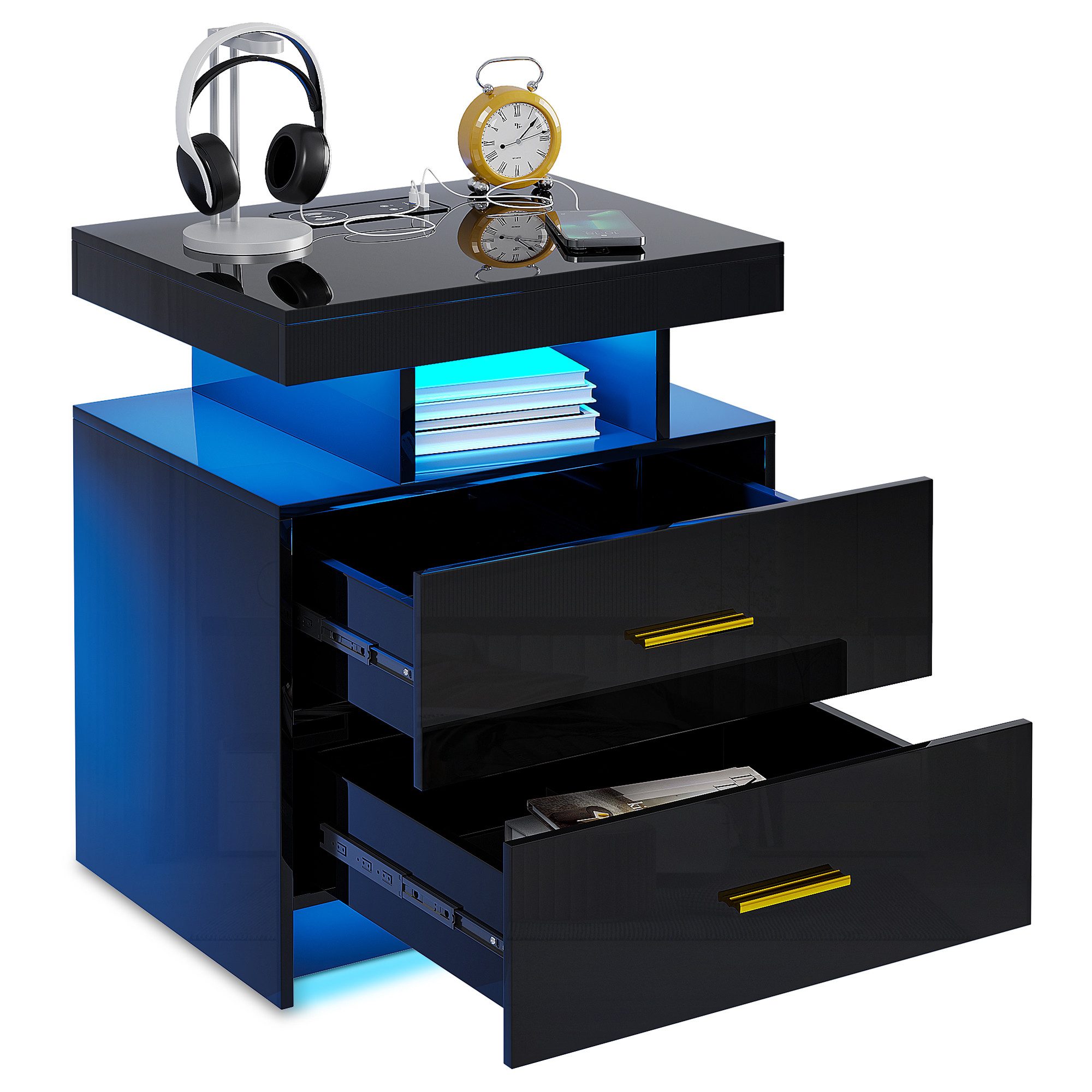LVifur Nachttisch mit LED-Licht und Sensor, 2 Schubladen, USB&Type-C, kabelloses Laden (1-St), 3 Farben Dimmbares Licht, 40T x 50B x 58H cm, Hochglanz Schwarz