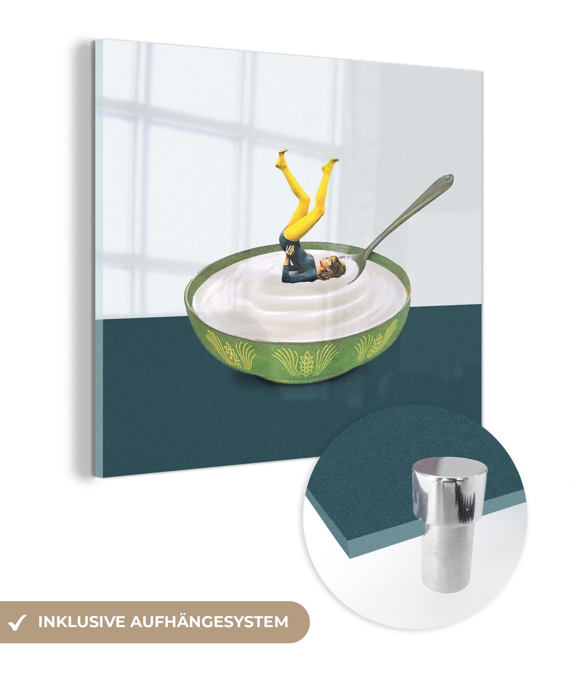 MuchoWow Acrylglasbild Joghurt - Yoga - Retro, (1 St), Glasbilder - Bilder  auf Glas Wandbild - Foto auf Glas - Wanddekoration