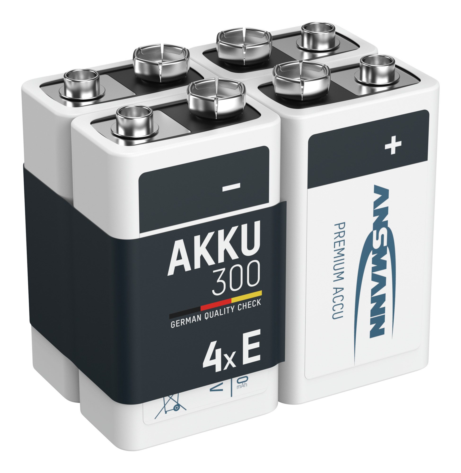 ANSMANN AG Akku 9V 300mAh E-Block NiMH 1,2V – 1000x wiederaufladbar (4 Stück) Akku 300 mAh (8.4 V)