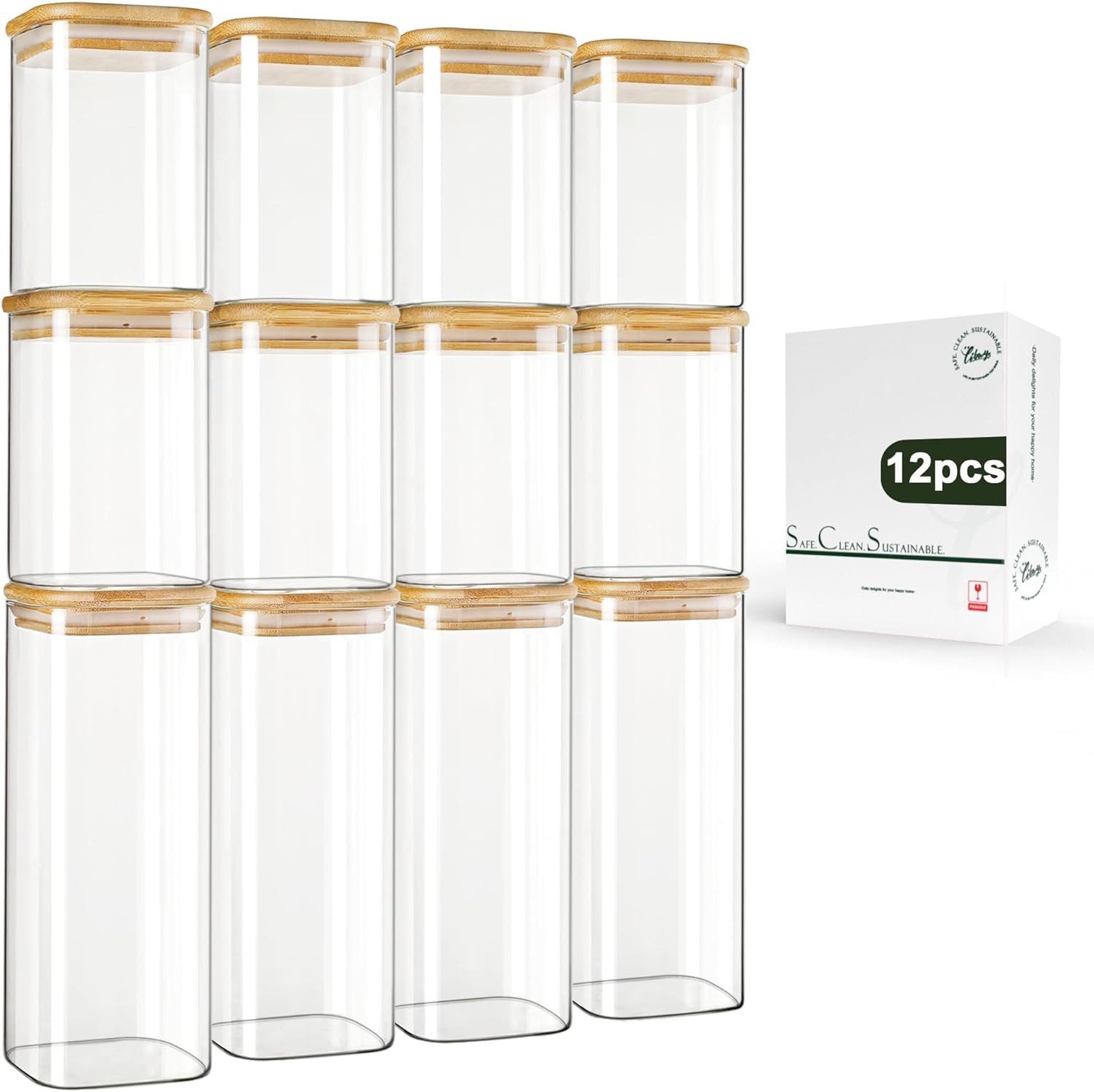 LIBWYS Vorratsglas Vorratsgläser Set 12er Glas mit Bambusdeckel luftdicht 1000ml 600ml, Glas Kunststoff, (Vorratsdosen Set Glas 12 teilig mit Bambusdeckel eckig 2 Größen, 12-tlg., Vorratsgläser Set 12er Glas mit Bambusdeckel 1000ml 600ml), Eckig, stapelba